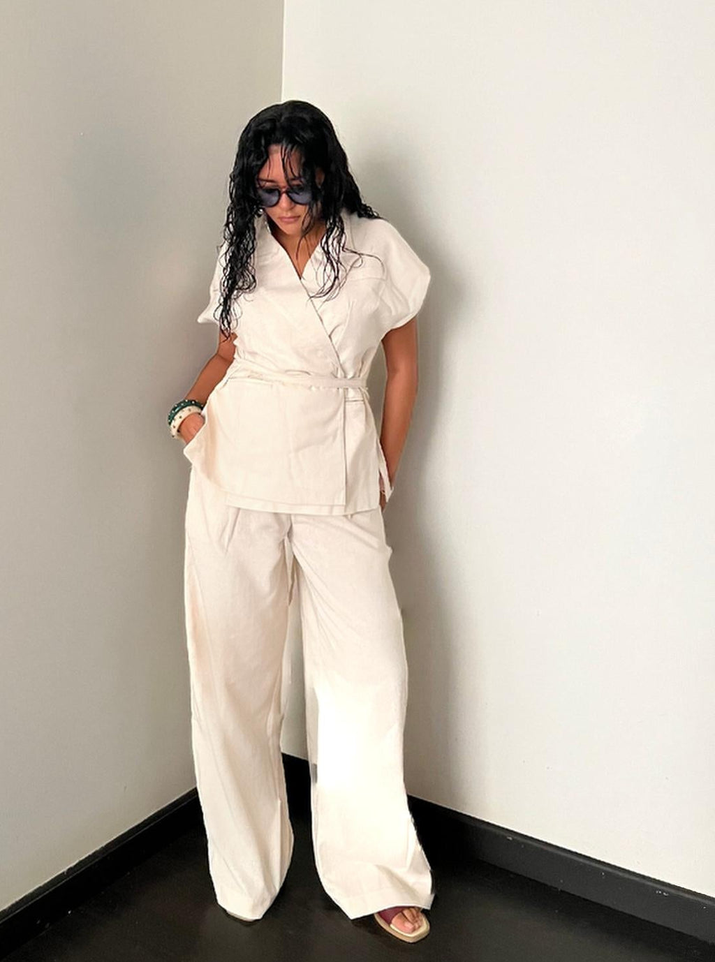 Beige Linen Blend Pleated Sets