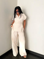 Beige Linen Blend Pleated Sets