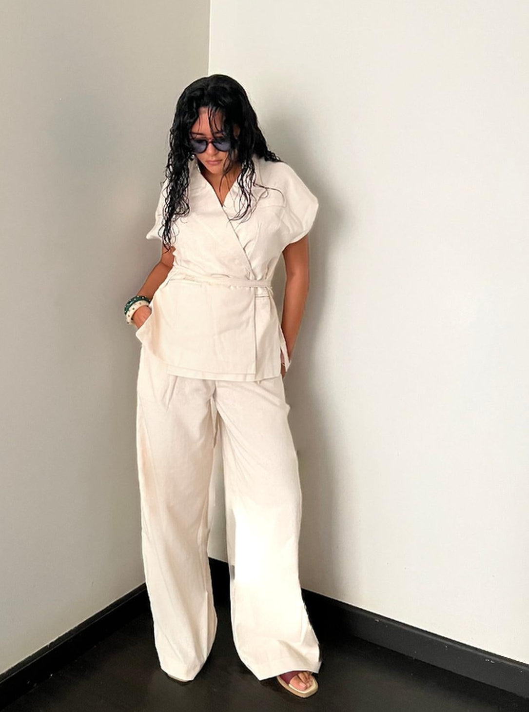 Beige Linen Blend Pleated Sets
