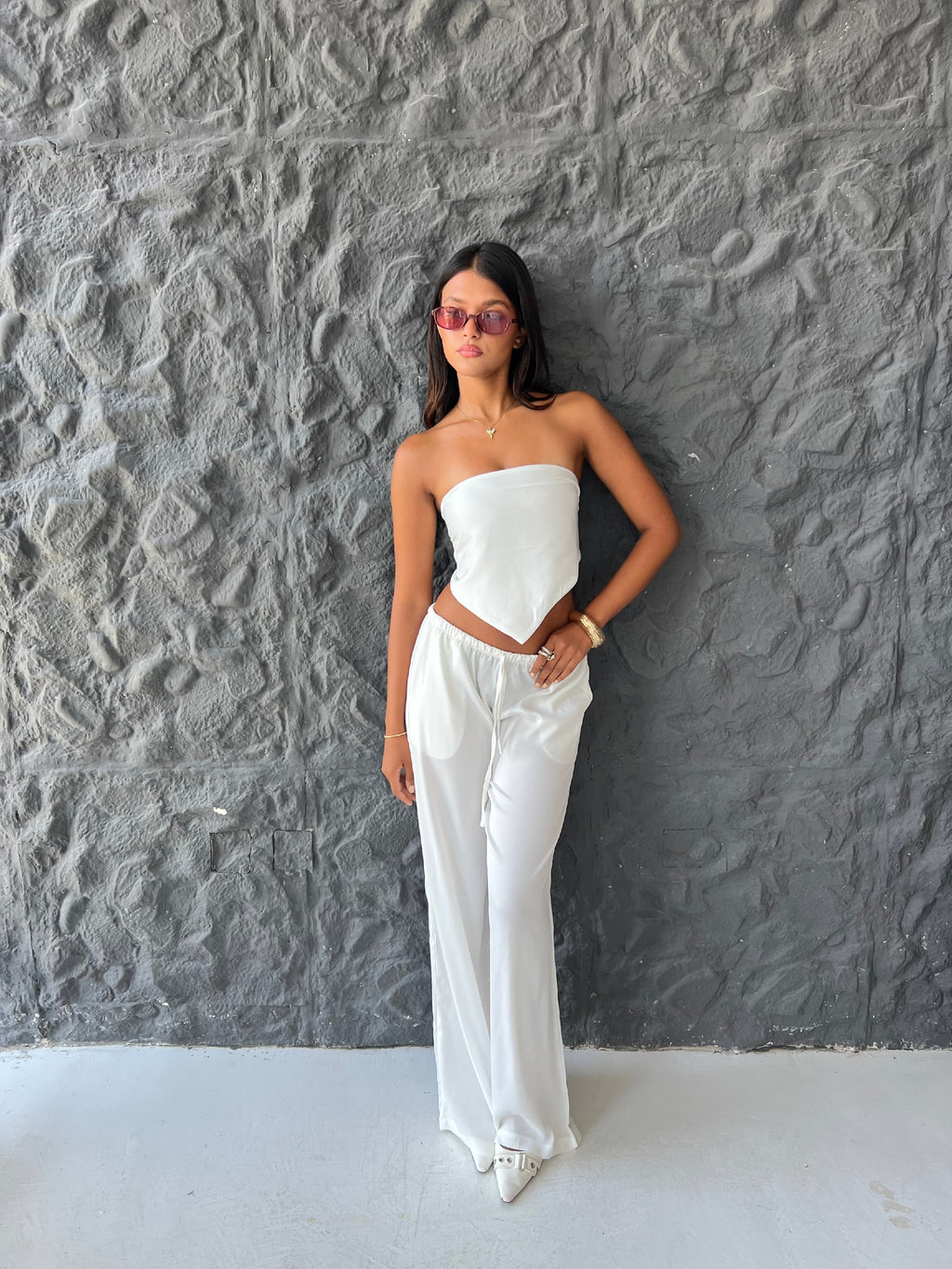 Allure Satin Scarf Top & Wide-Leg Pants Set