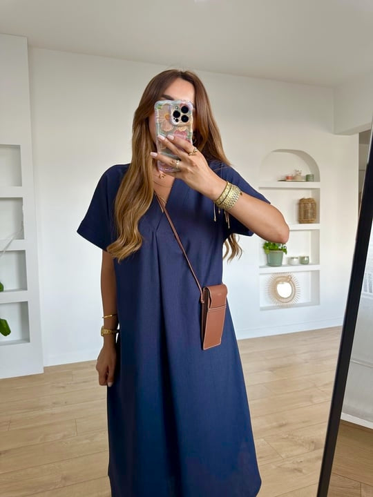 Navy Linen Midi Dress