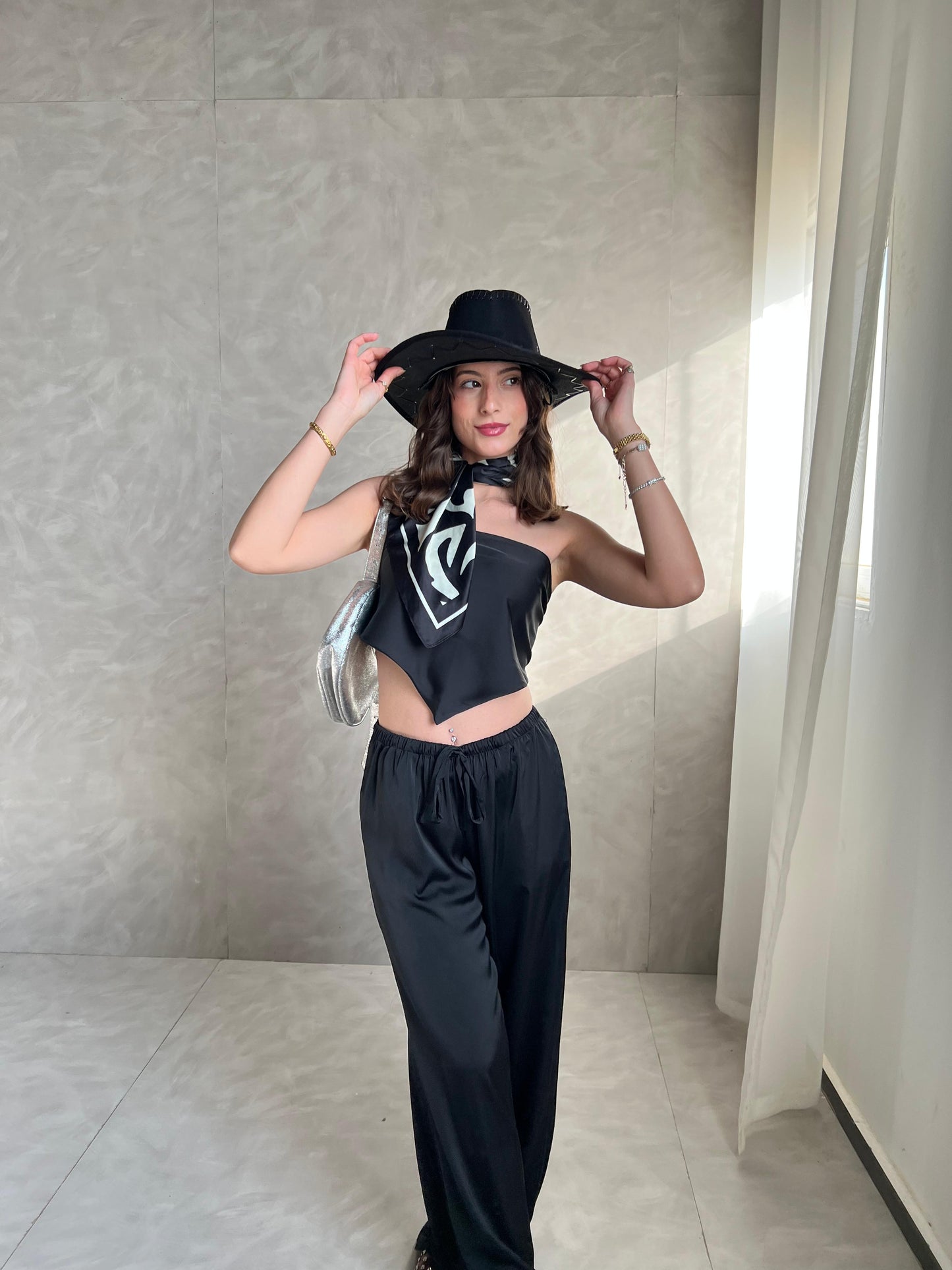 Black Allure Satin Scarf Top & Wide-Leg Pants Set