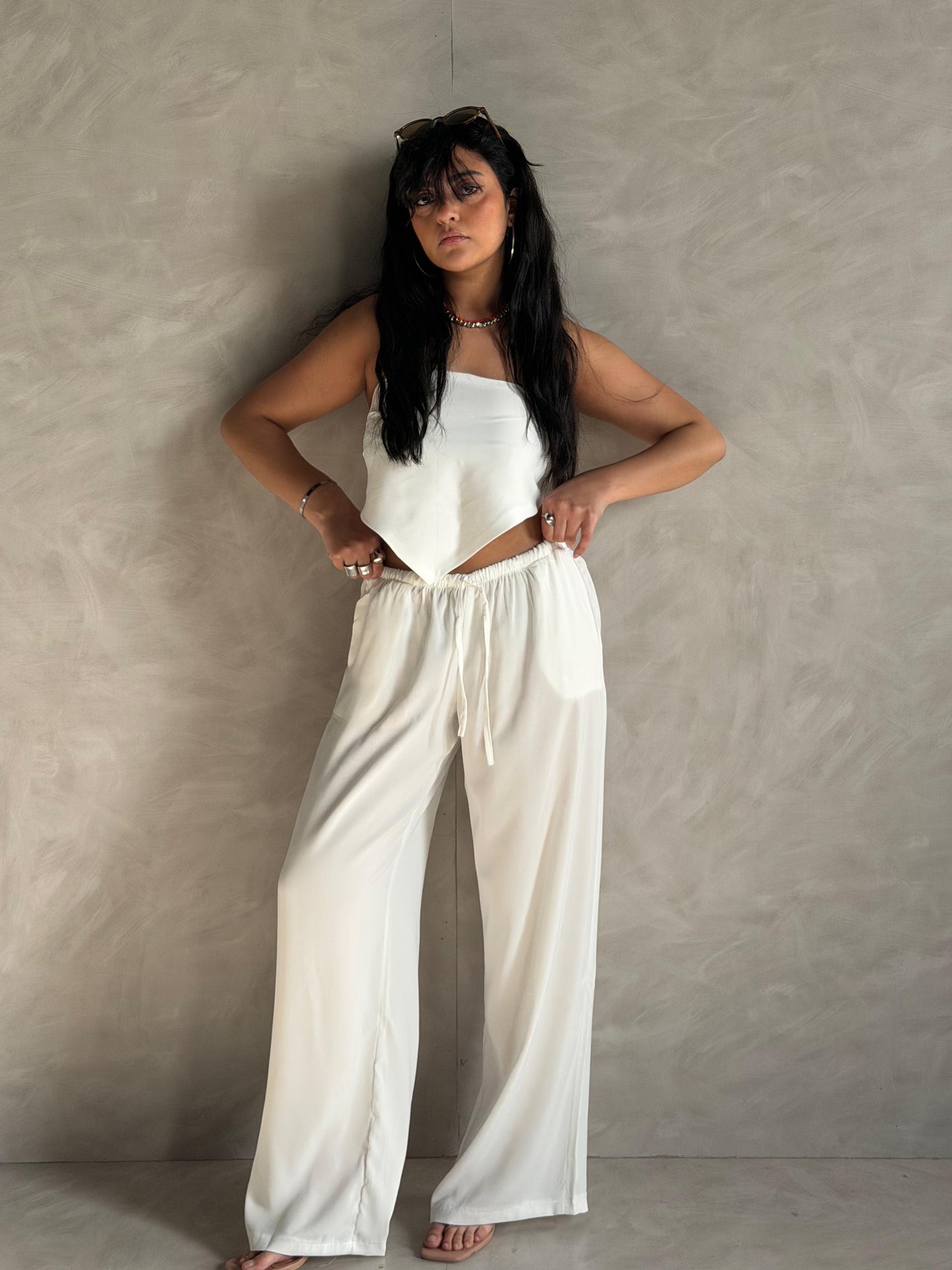 White Allure Satin Scarf Top & Wide-Leg Pants Set