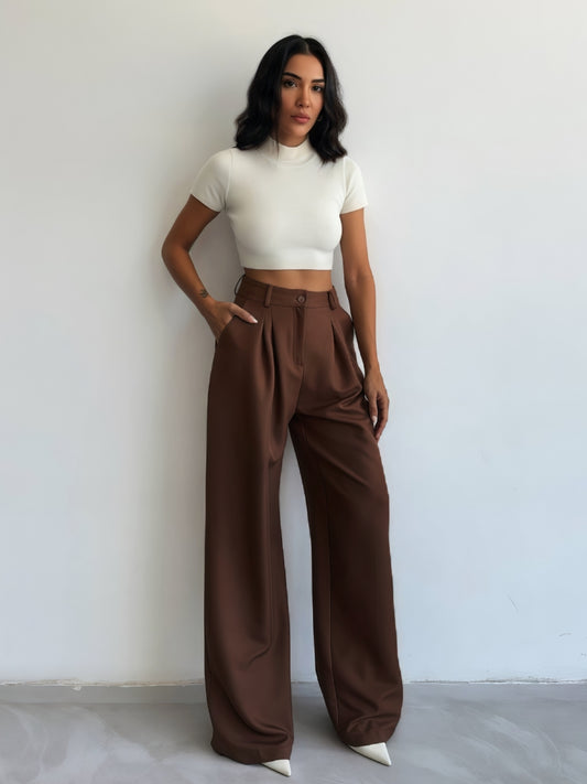 Brown-High Waisted Wide Leg Pants