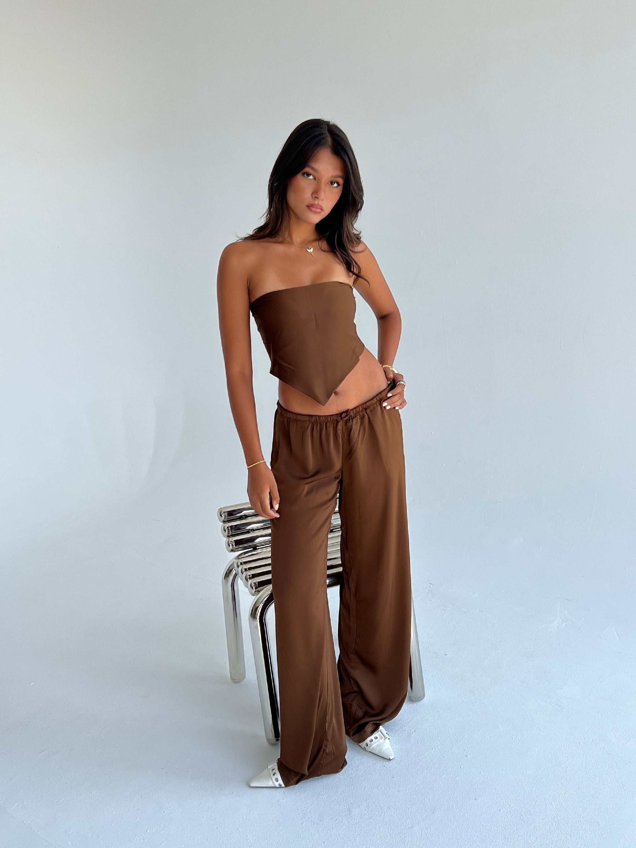 Allure Satin Scarf Top & Wide-Leg Pants Set