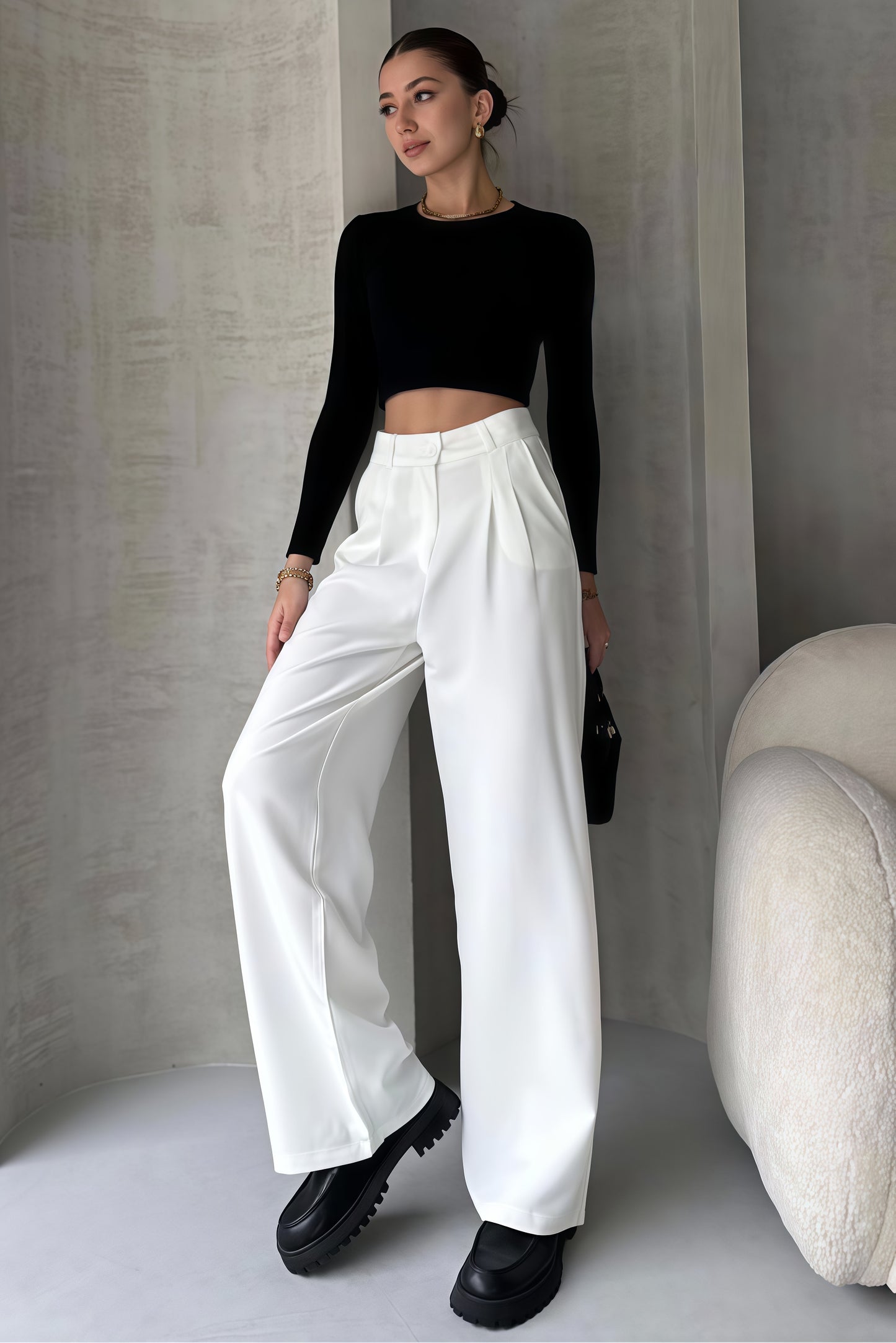 White-High Waisted Wide Leg Pants