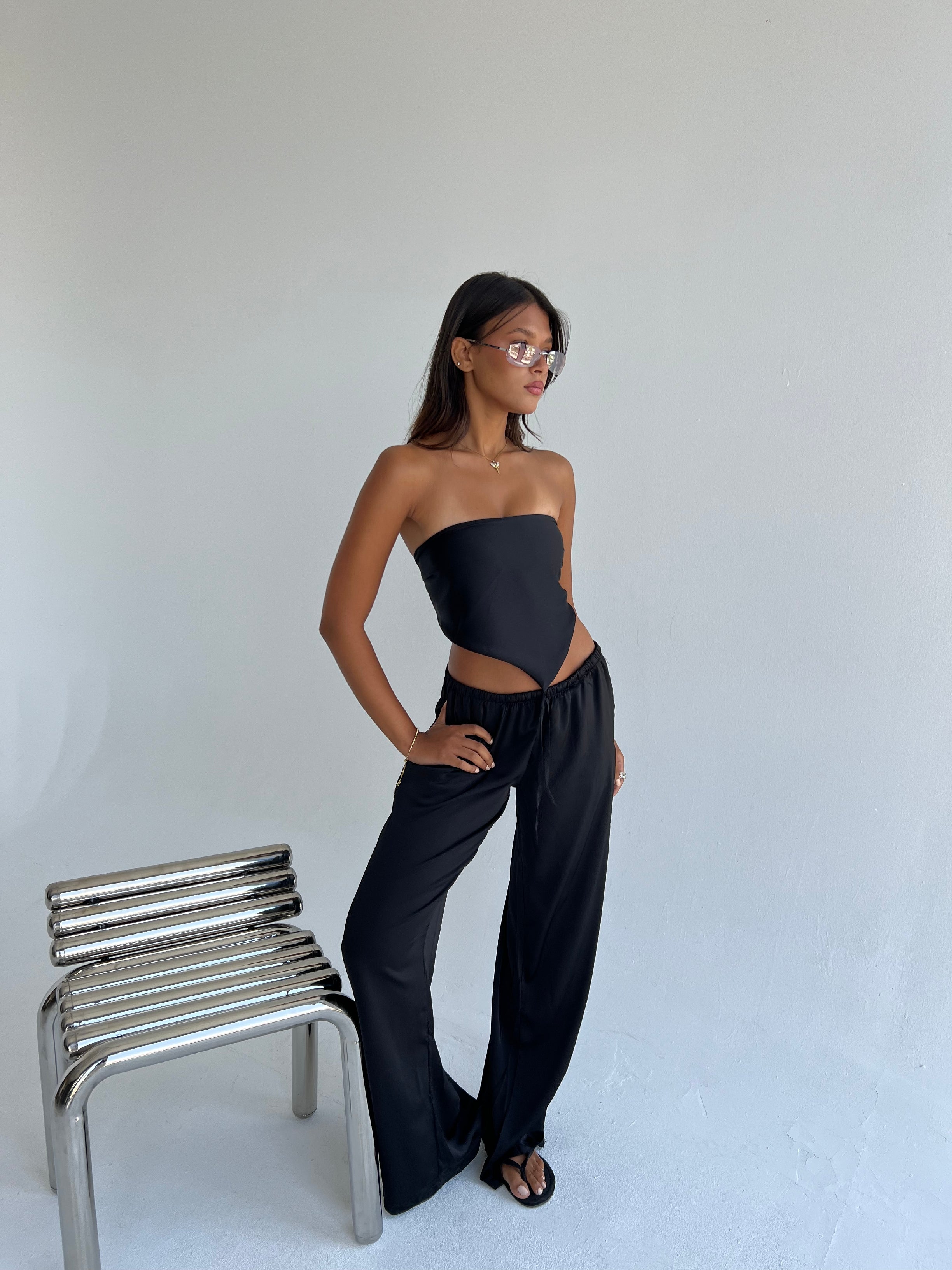 Allure Satin Scarf Top & Wide-Leg Pants Set
