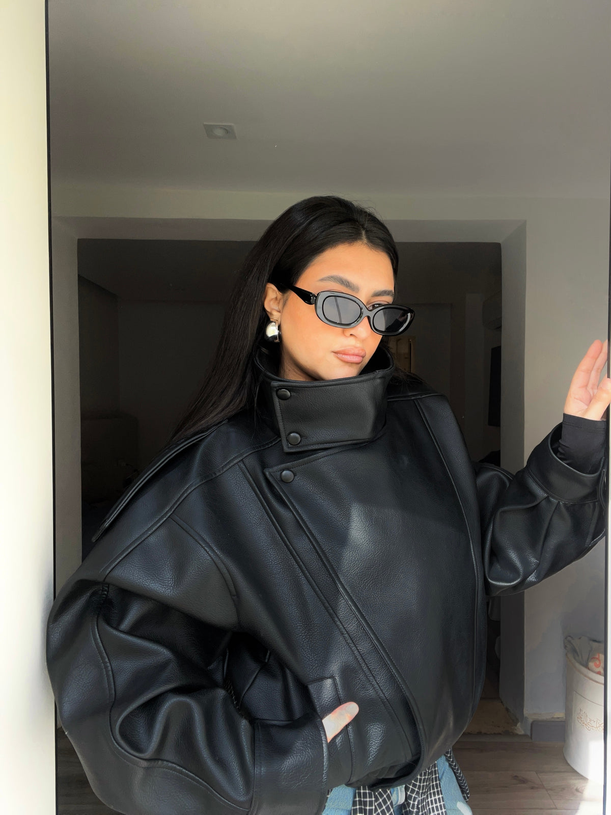 Black High Collar Faux Leather Jacket