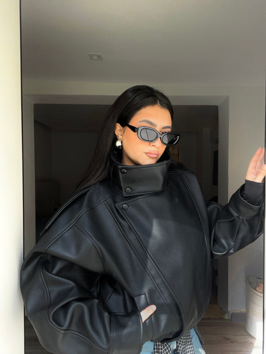 Black High Collar Faux Leather Jacket