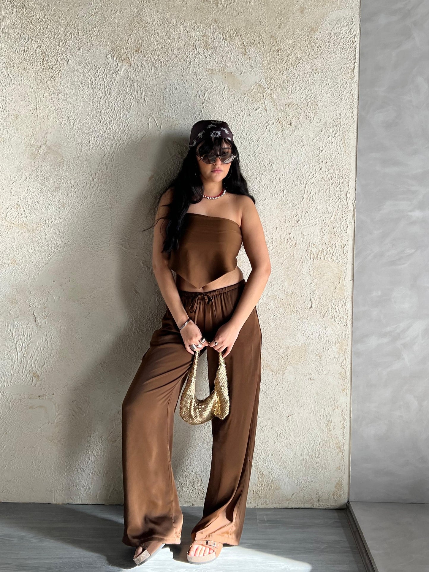 Brown Allure Satin Scarf Top & Wide-Leg Pants Set