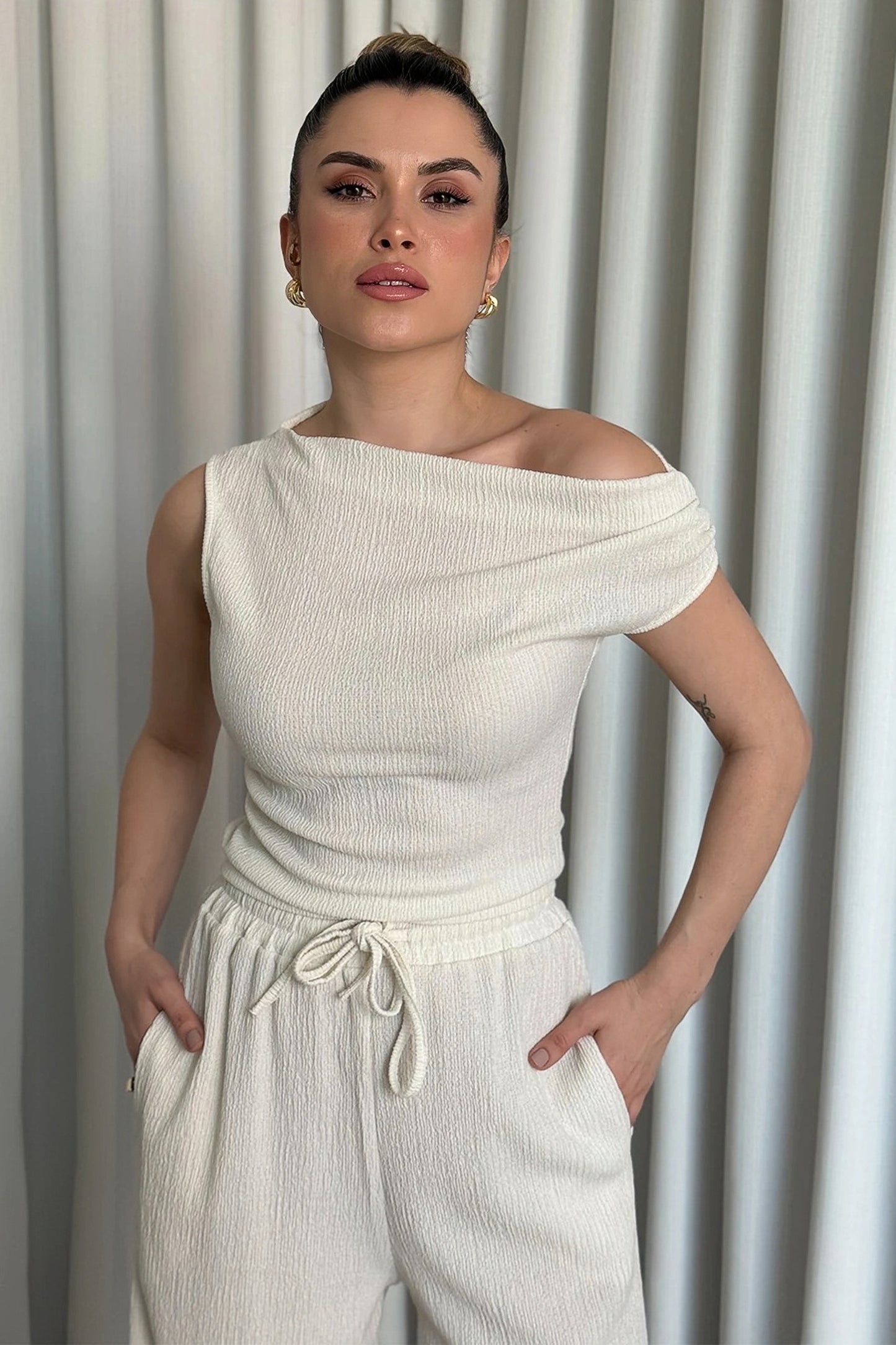 White asymmetric blouse pants suit