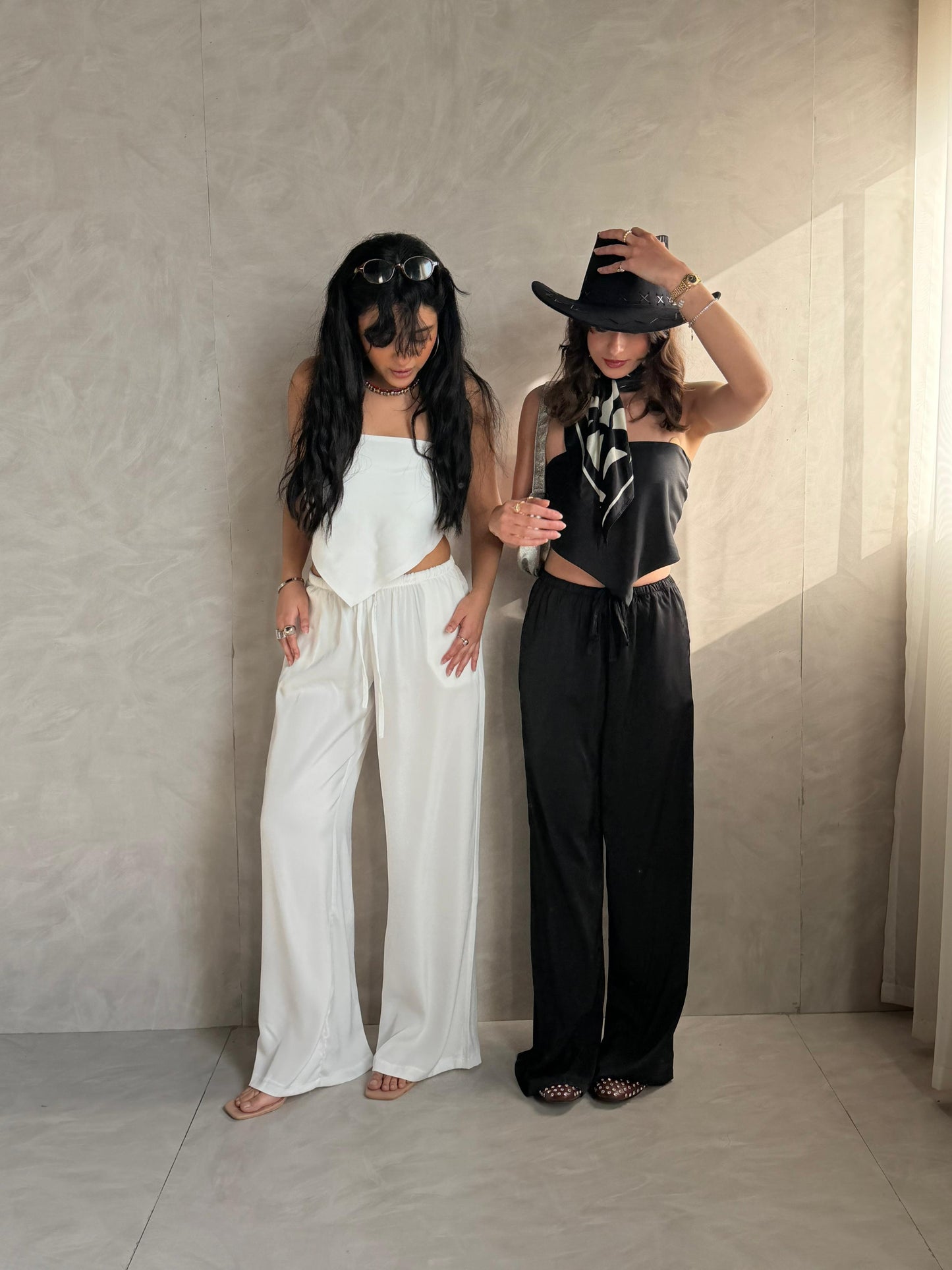 White Allure Satin Scarf Top & Wide-Leg Pants Set