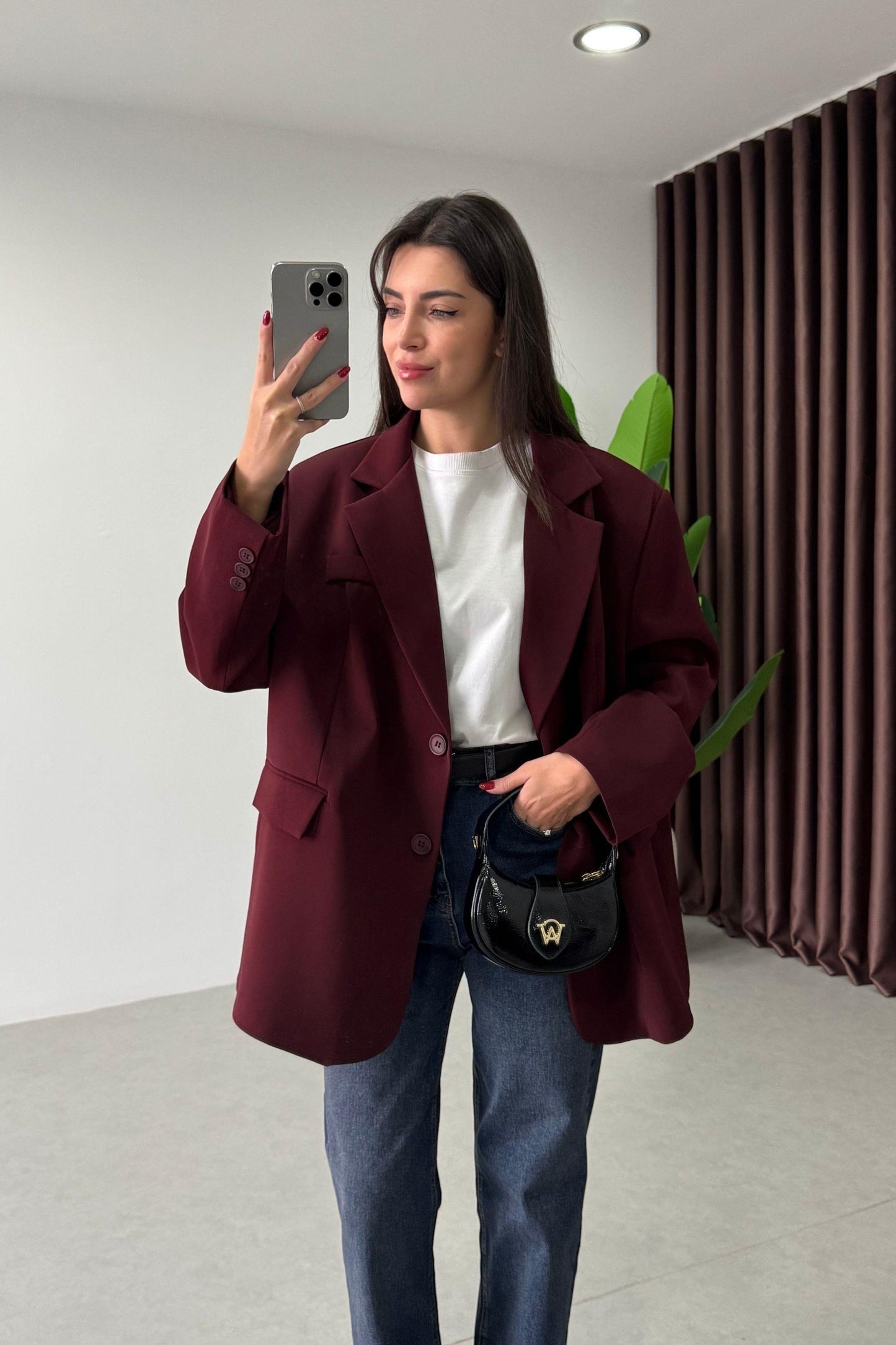 Burgundy Oversized Textured Basic Blazer