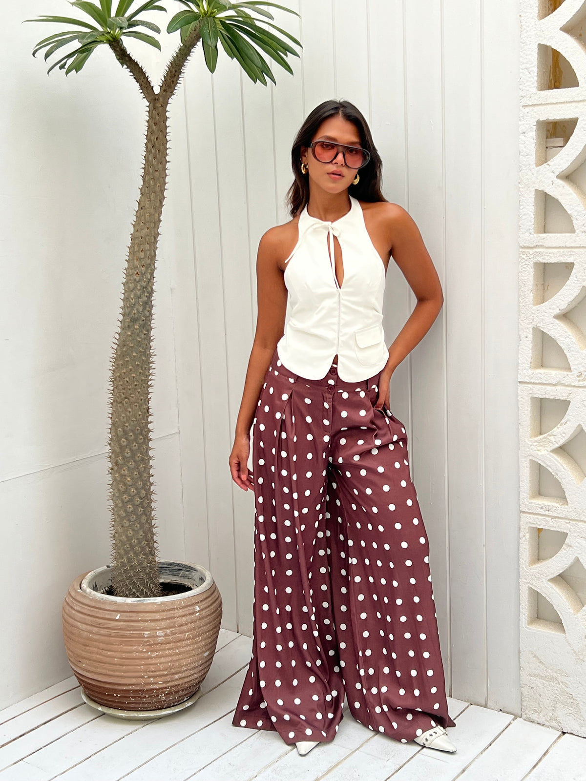 Wide-leg polka dot trousers
