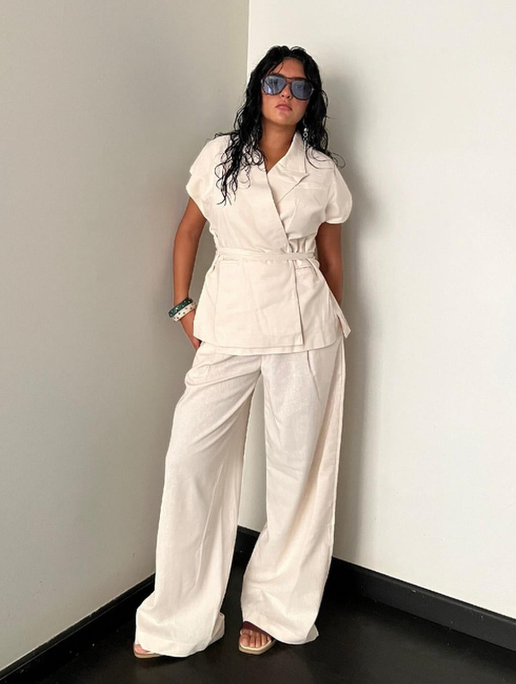 Beige Linen Blend Pleated Sets