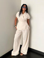 Beige Linen Blend Pleated Sets