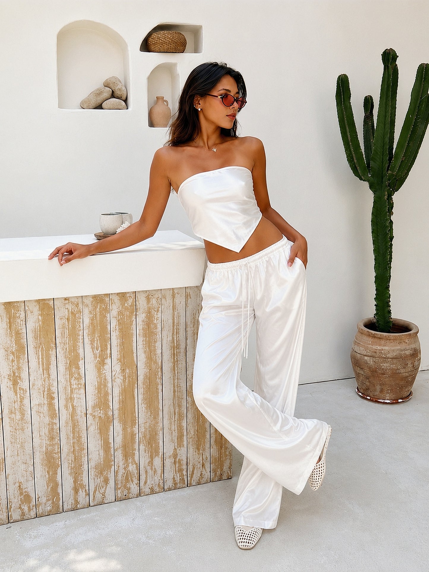 White Allure Satin Scarf Top & Wide-Leg Pants Set