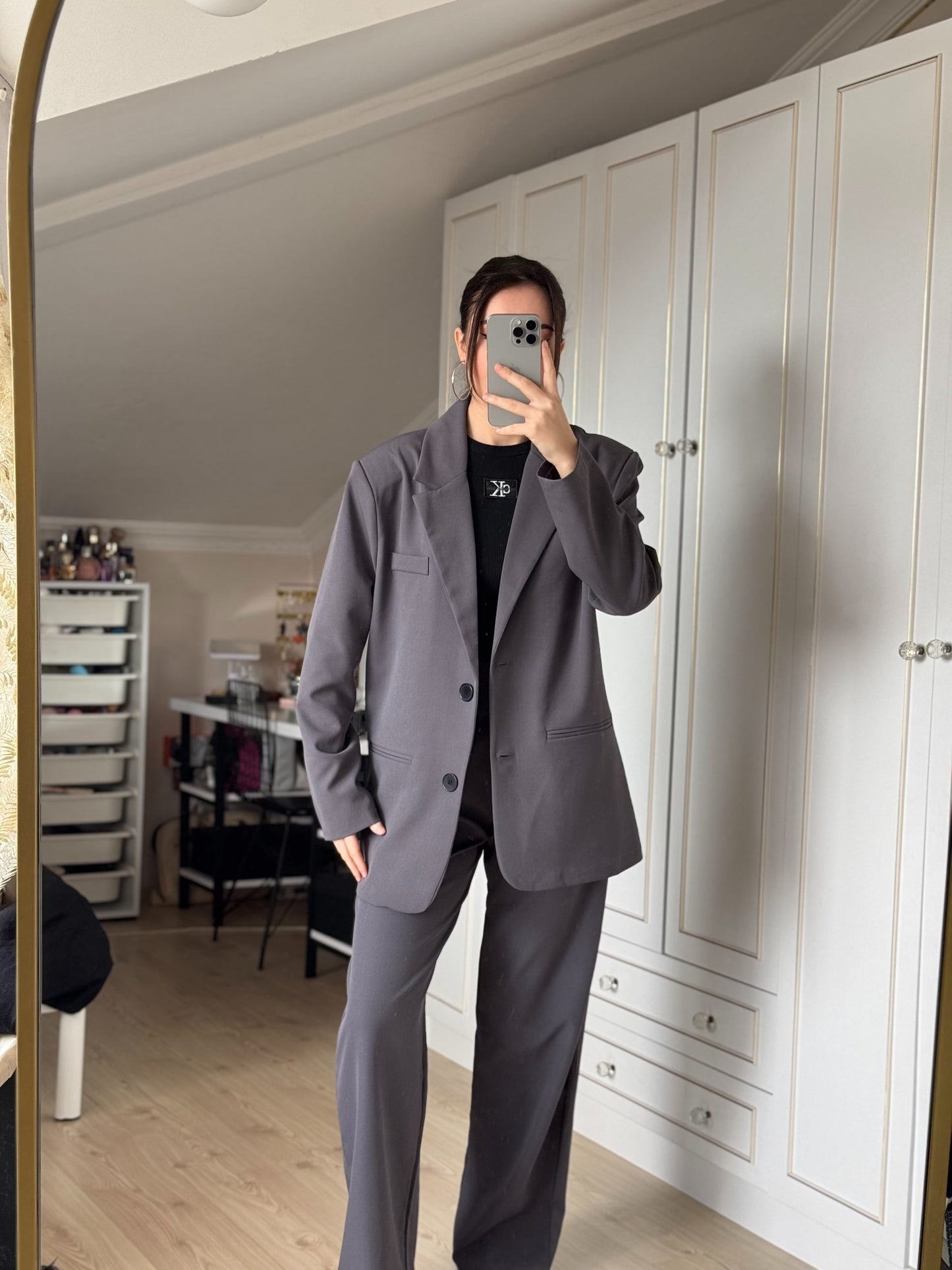 Grey Oversized Textured Basic Blazer