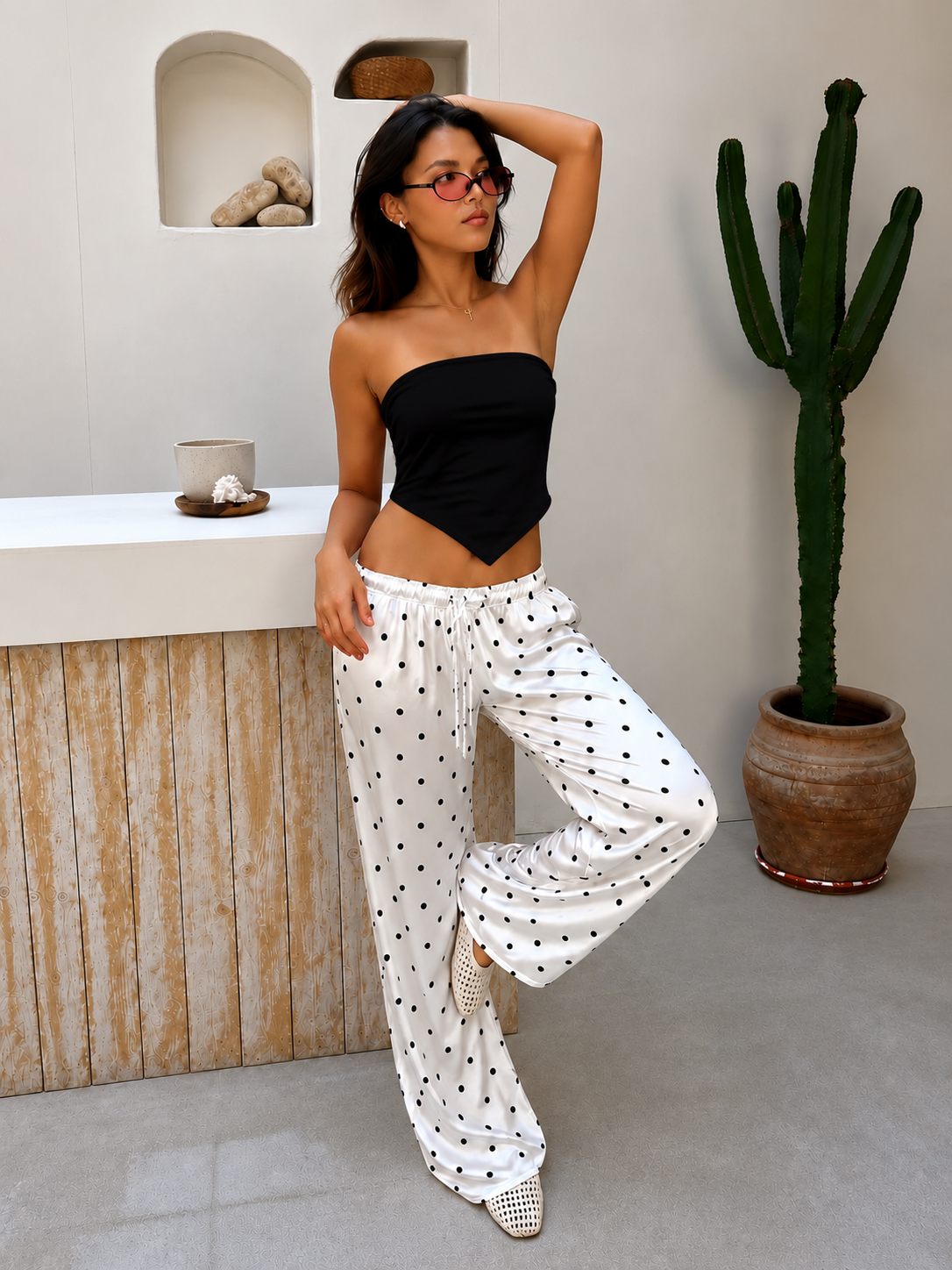 Satin Polka Dot Lounge Set – Black & White