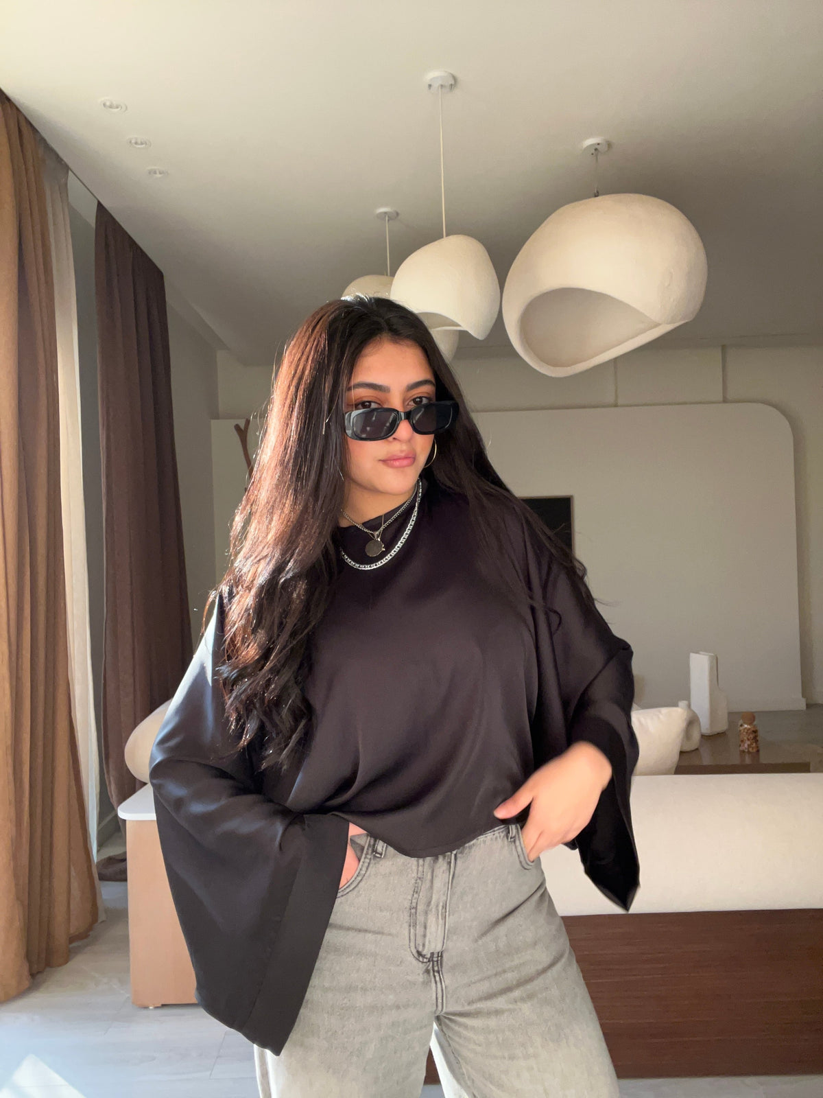 Wide Sleeve Satin Blouse White