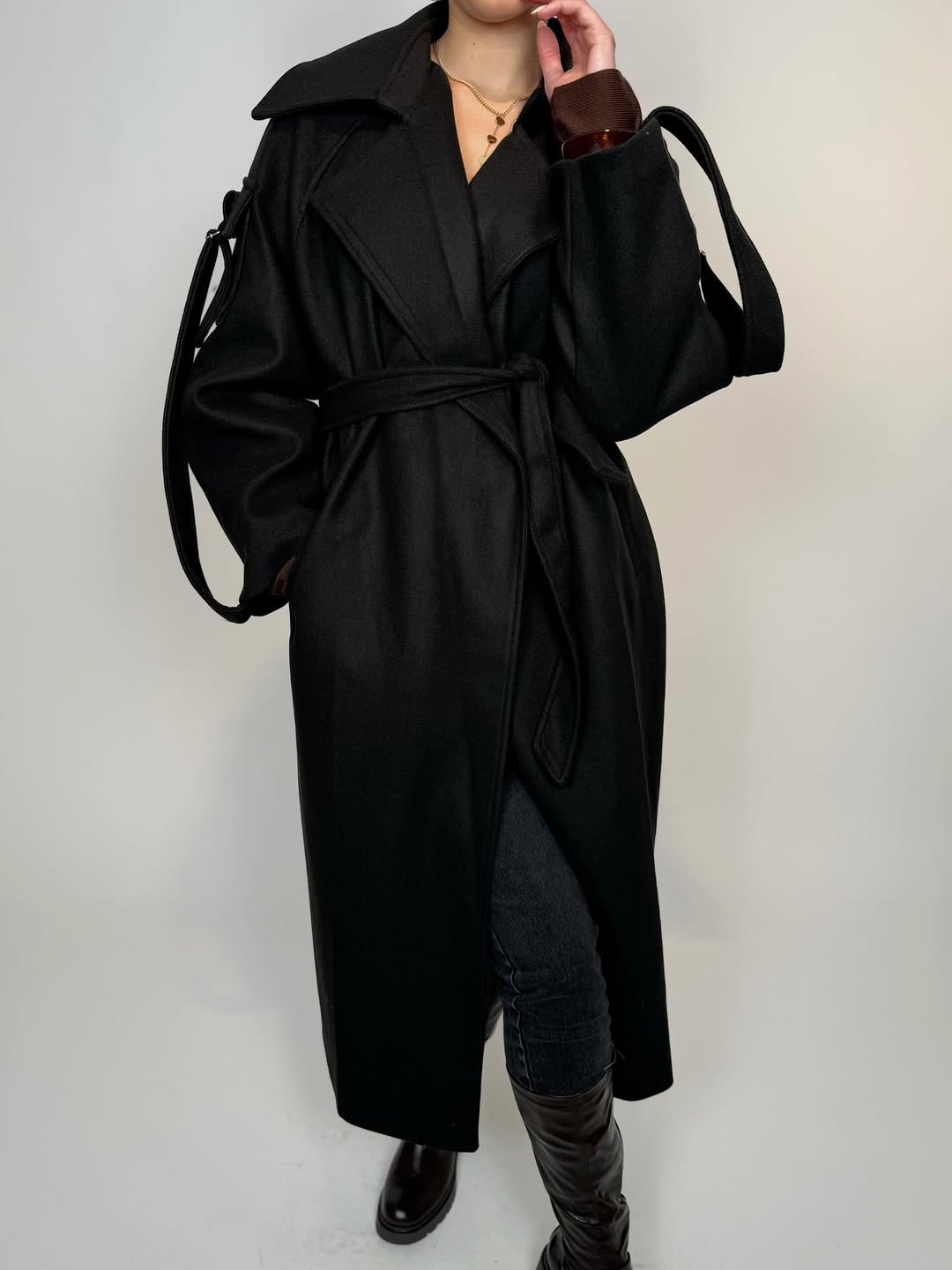 Black Anthracite Wool Blend Sleeve Pocket Coat