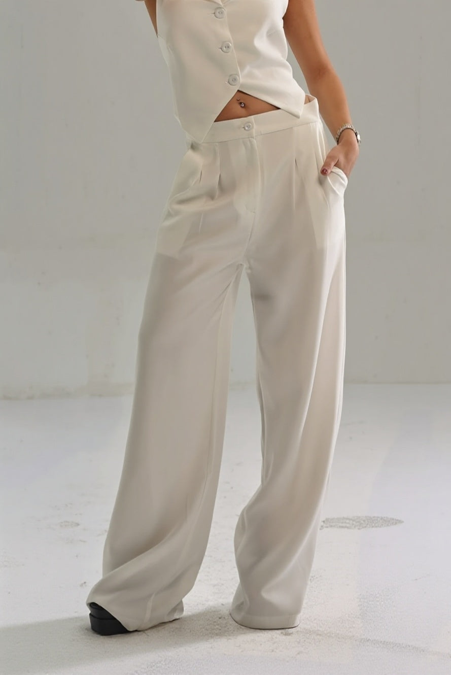 White-High Waisted Wide Leg Pants