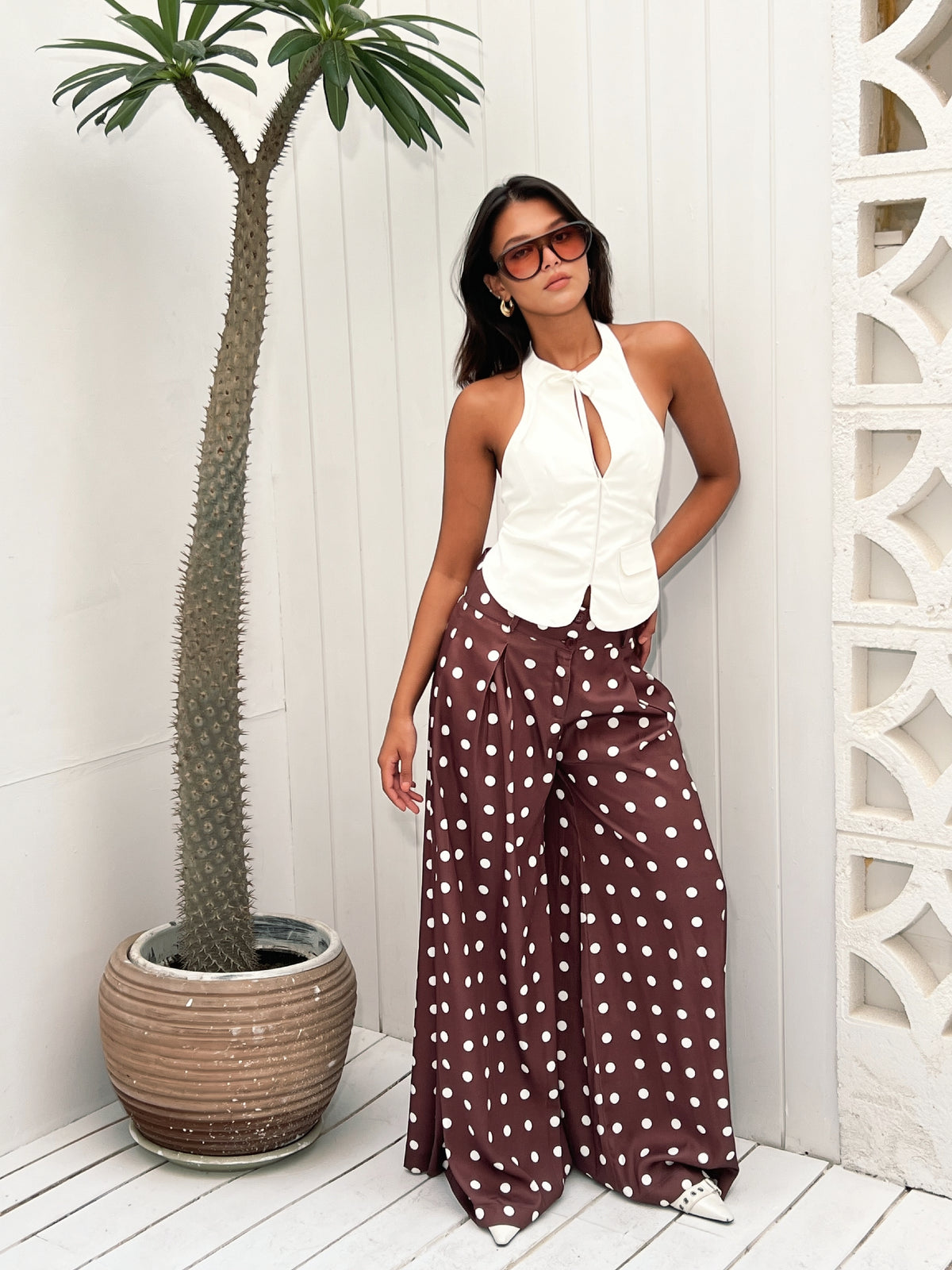 Wide-leg polka dot trousers