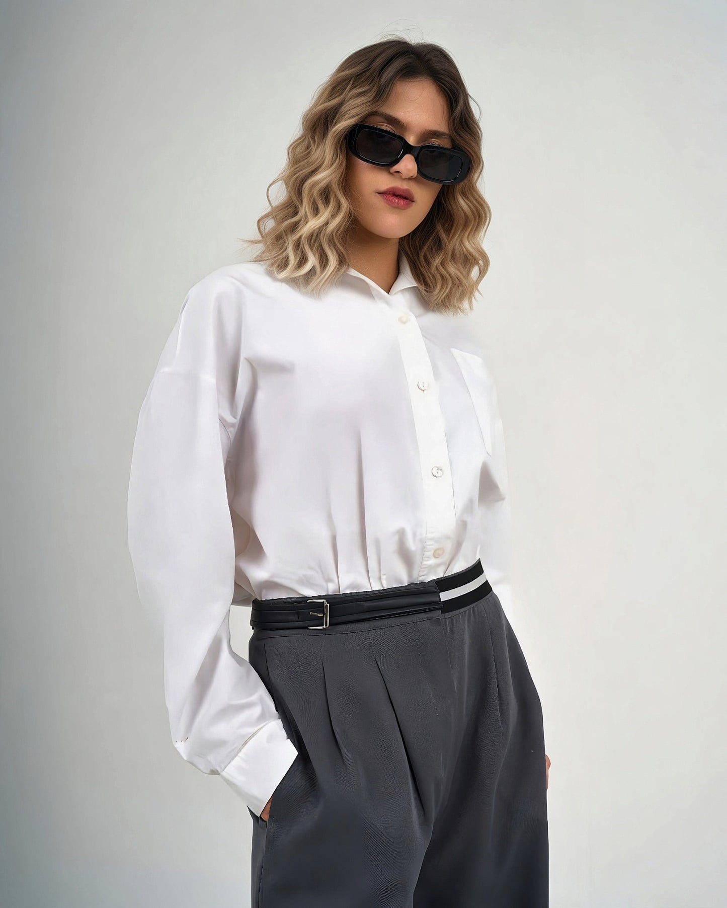 Waisted Wide Leg Pants Grey