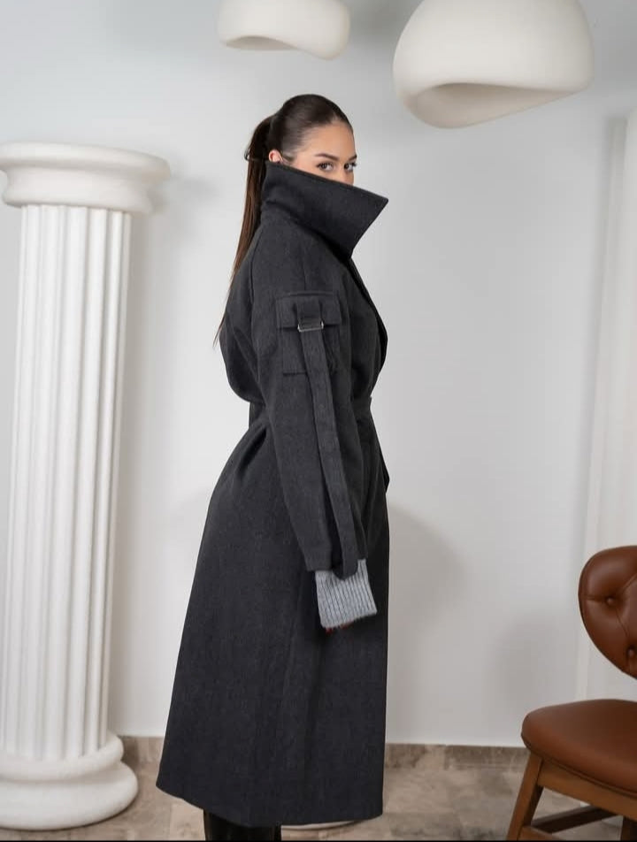 Grey Anthracite Wool Blend Sleeve Pocket Coat