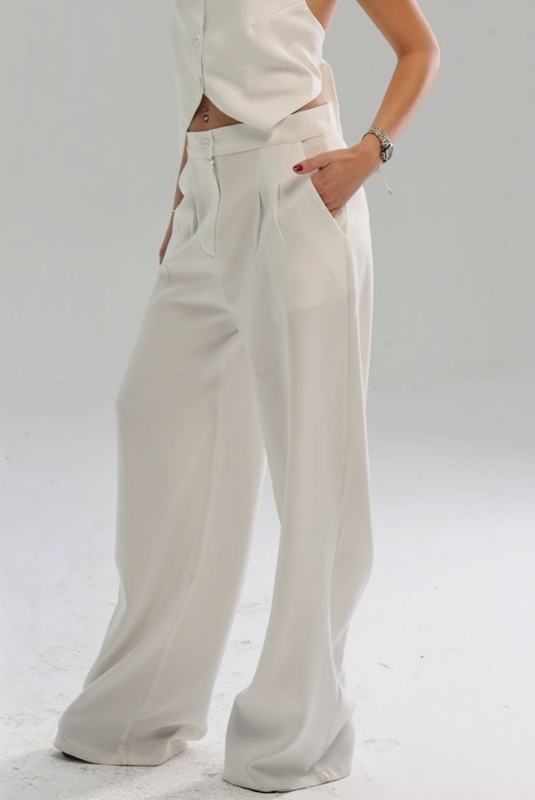 White-High Waisted Wide Leg Pants