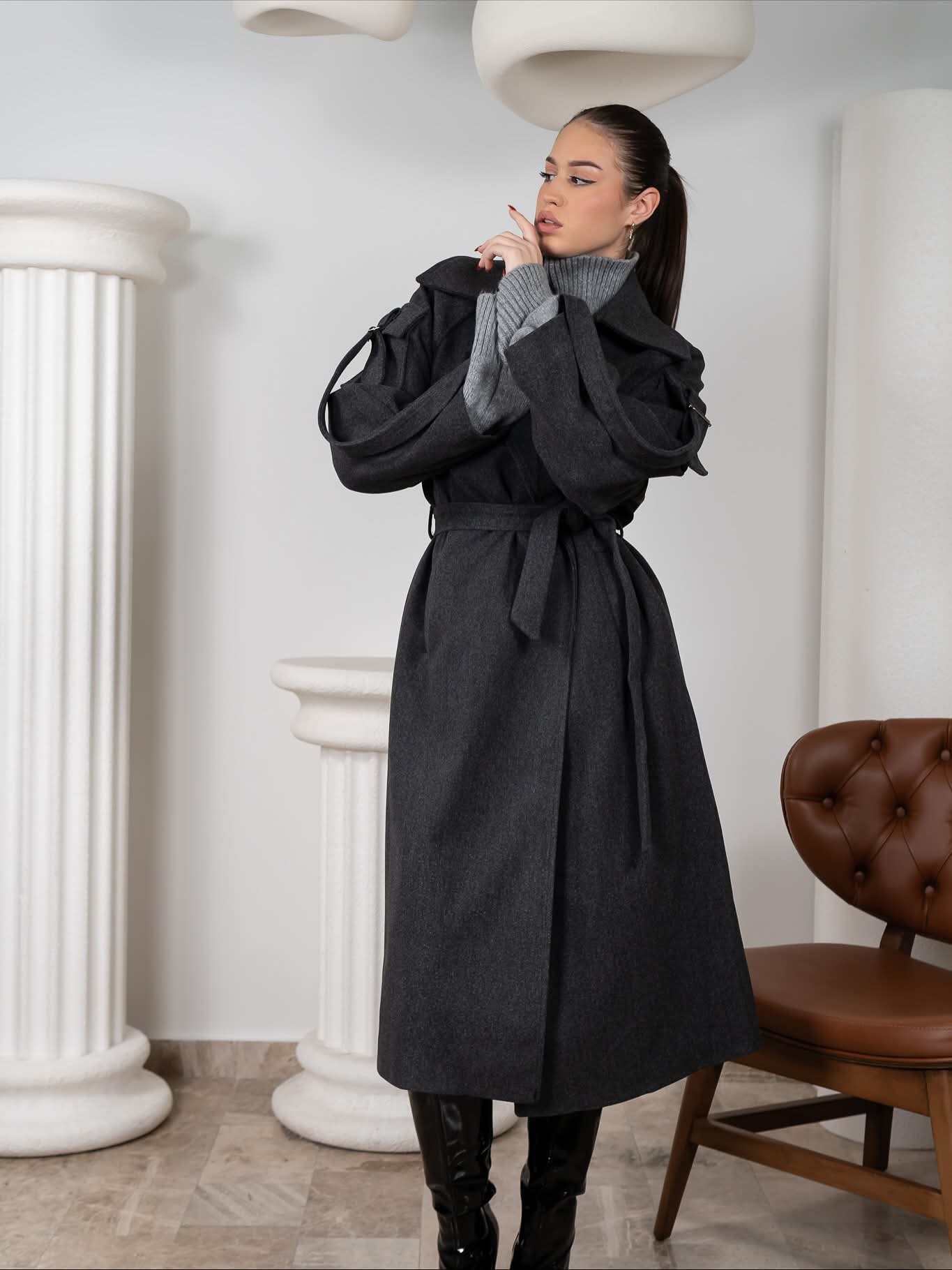 Grey Anthracite Wool Blend Sleeve Pocket Coat