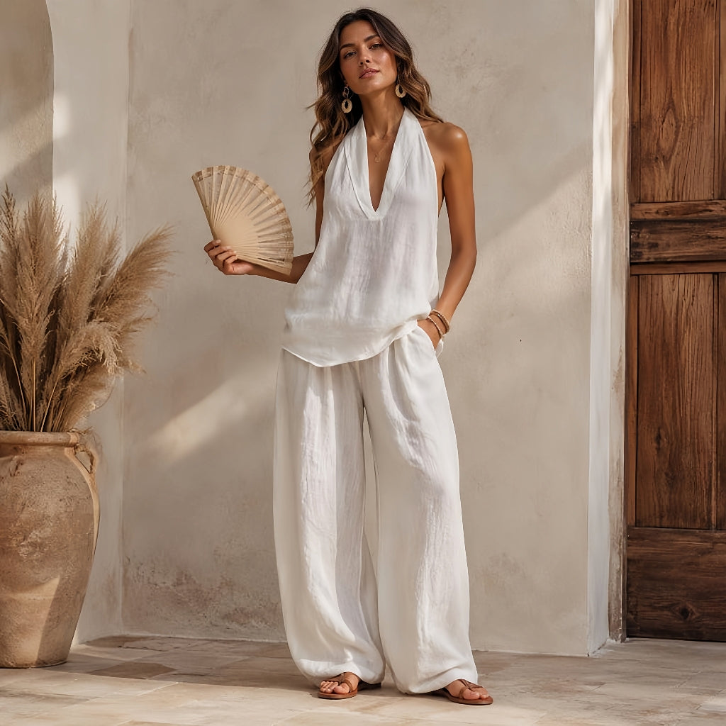 Luna Halter Linen Set – White