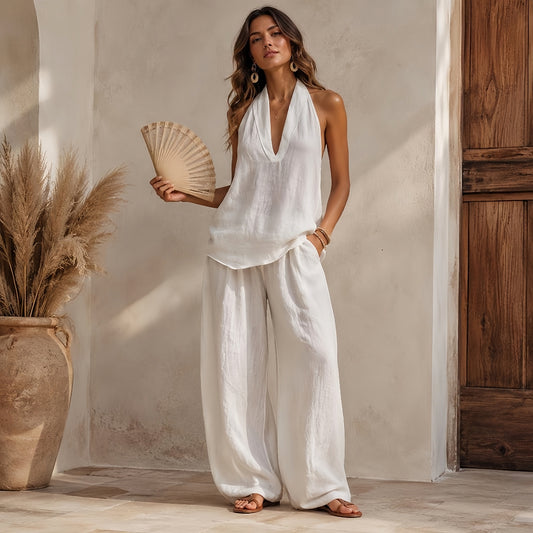Luna Halter Linen Set – White
