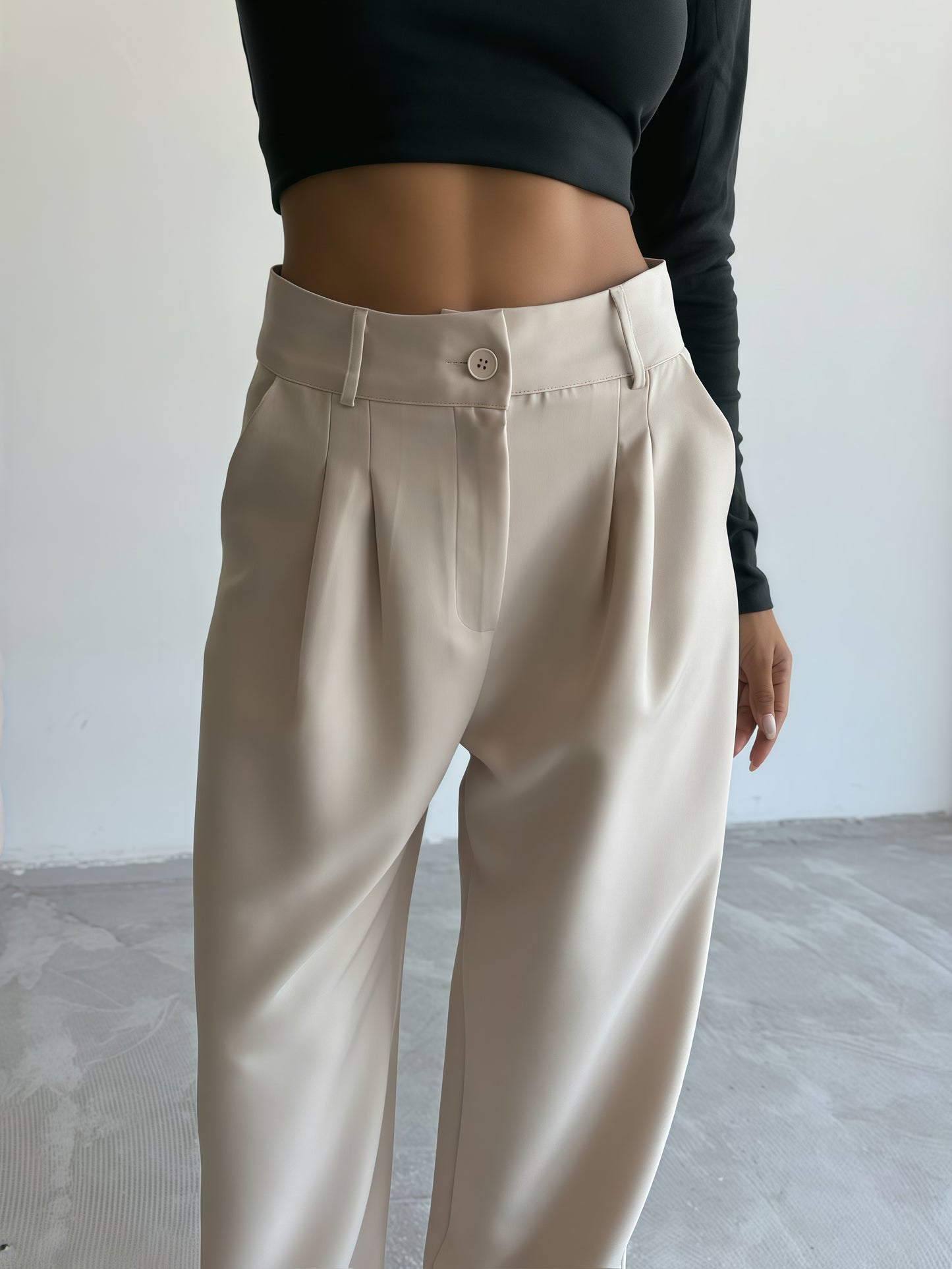 Beige-High Waisted Wide Leg Pants