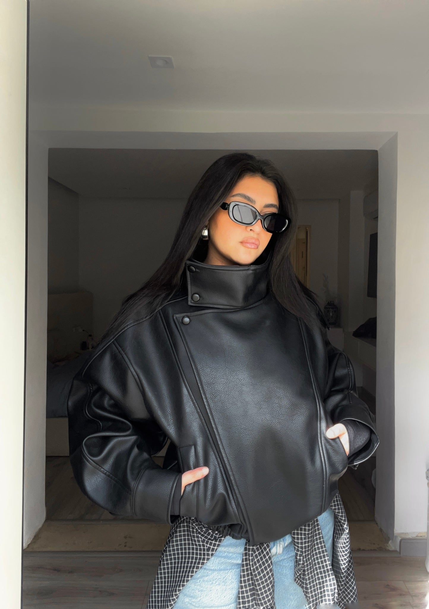 Black High Collar Faux Leather Jacket
