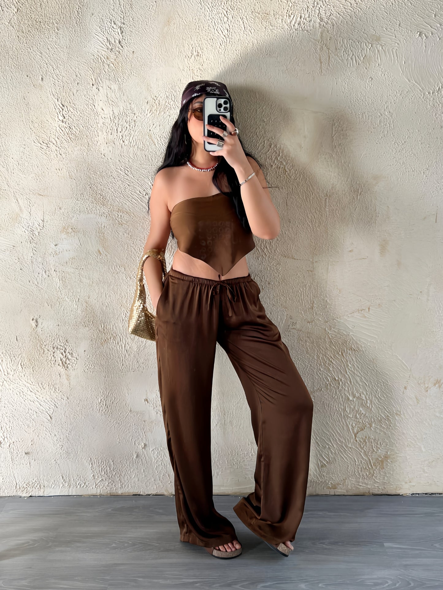 Brown Allure Satin Scarf Top & Wide-Leg Pants Set