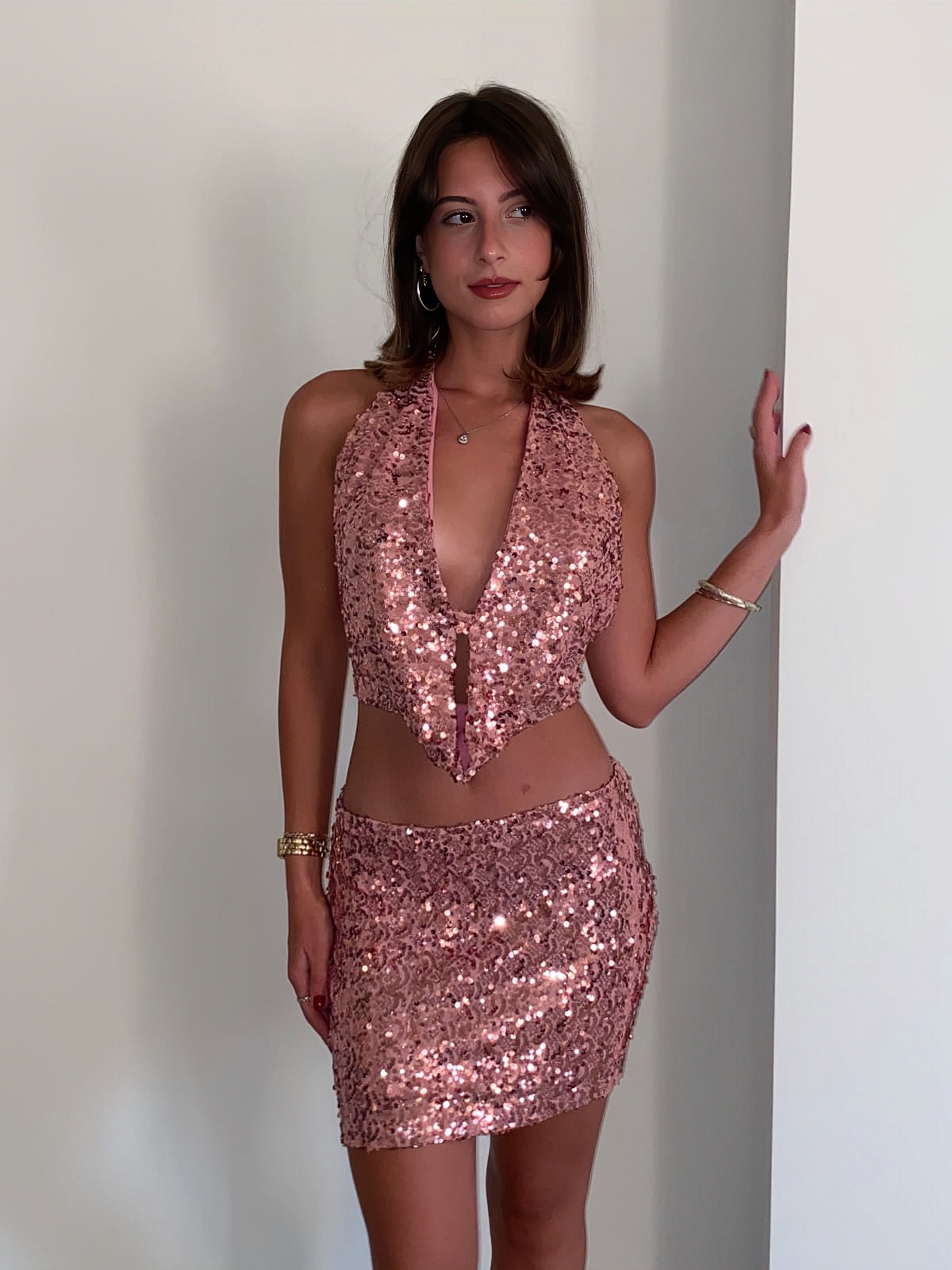 ‘DANICA’ Sequin Cowl Top + Skirt - Pink