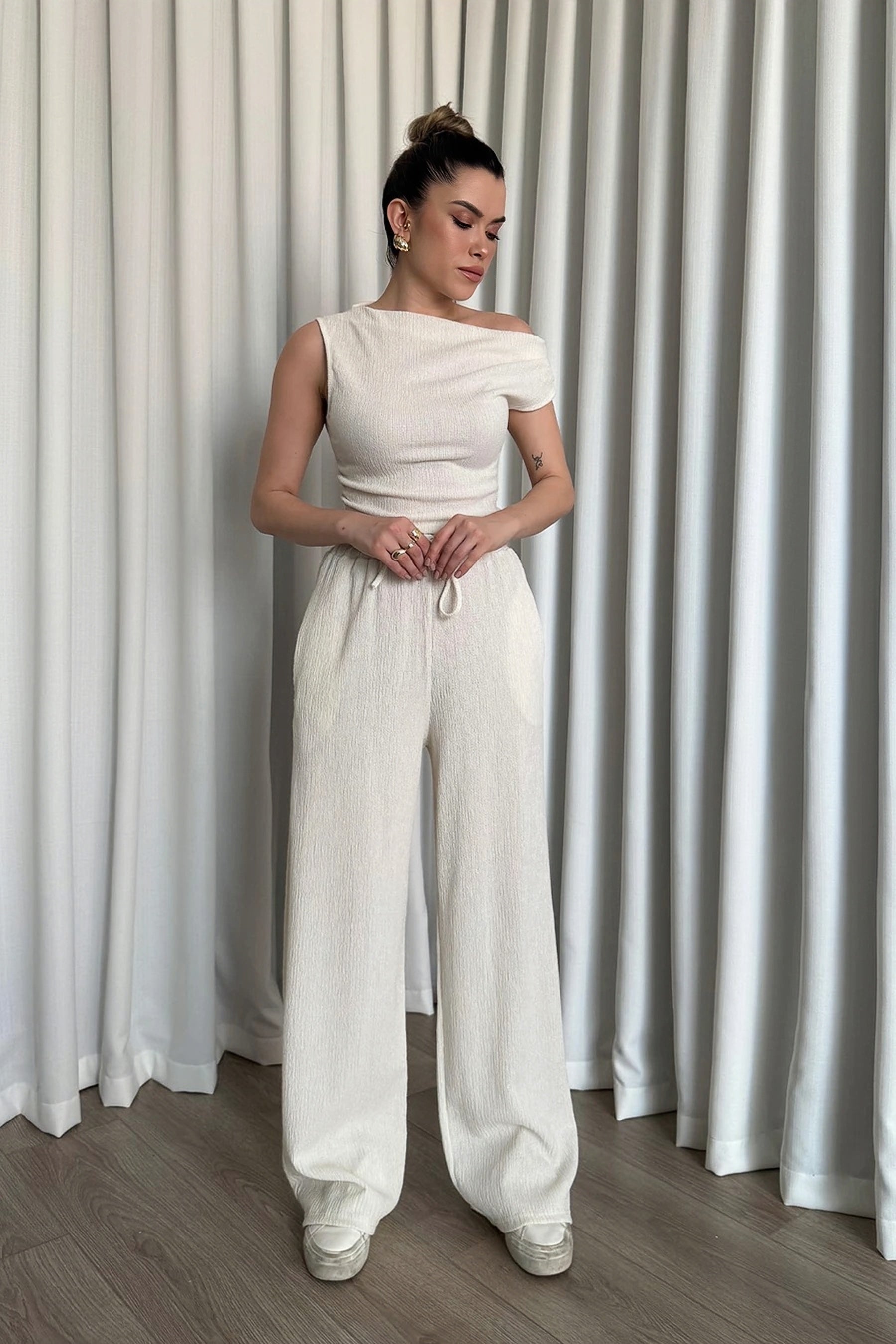 White asymmetric blouse pants suit
