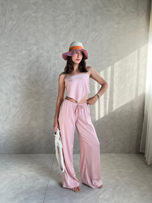 Pink Allure Satin Scarf Top & Wide-Leg Pants Set
