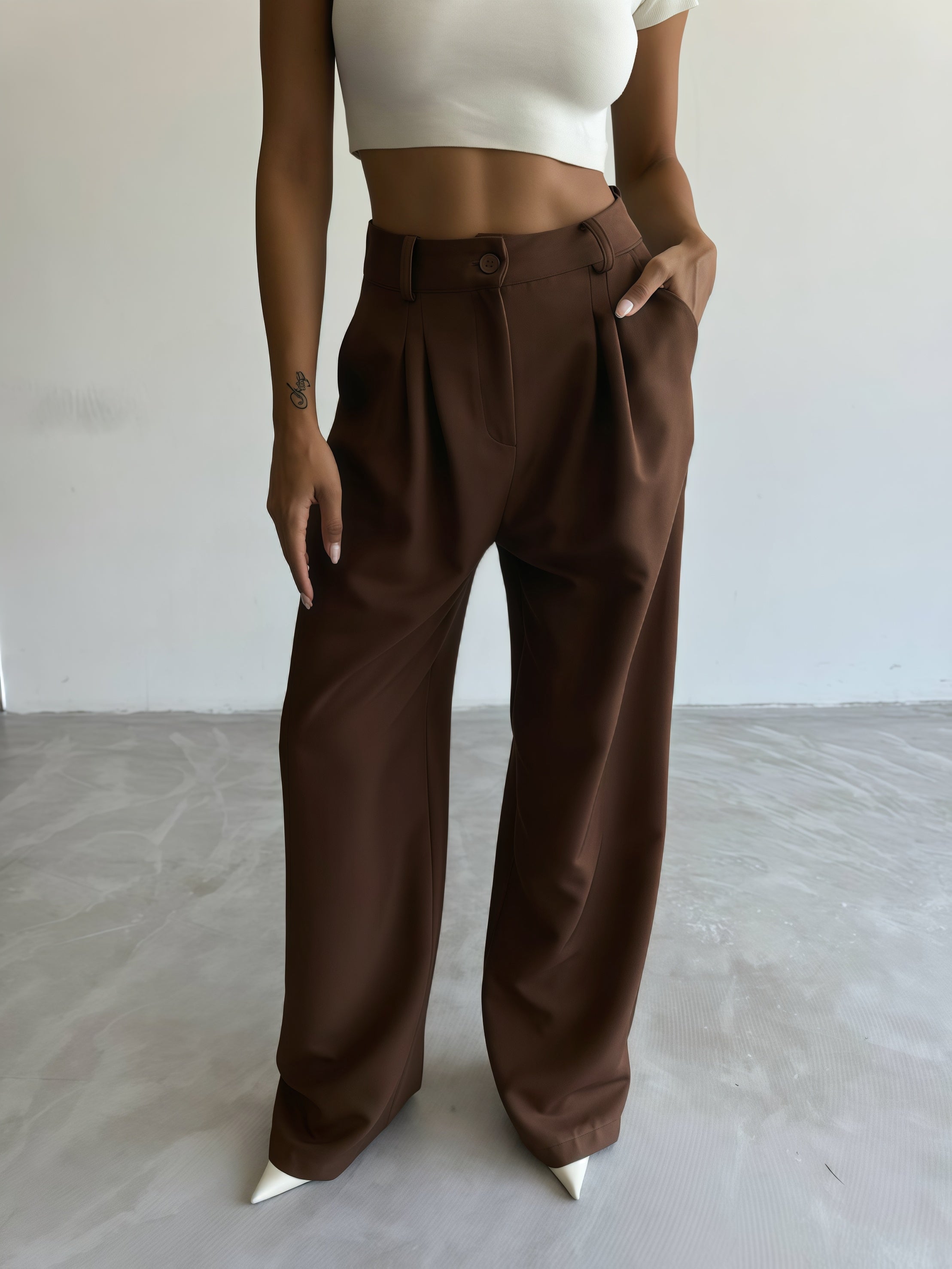 Brown-High Waisted Wide Leg Pants