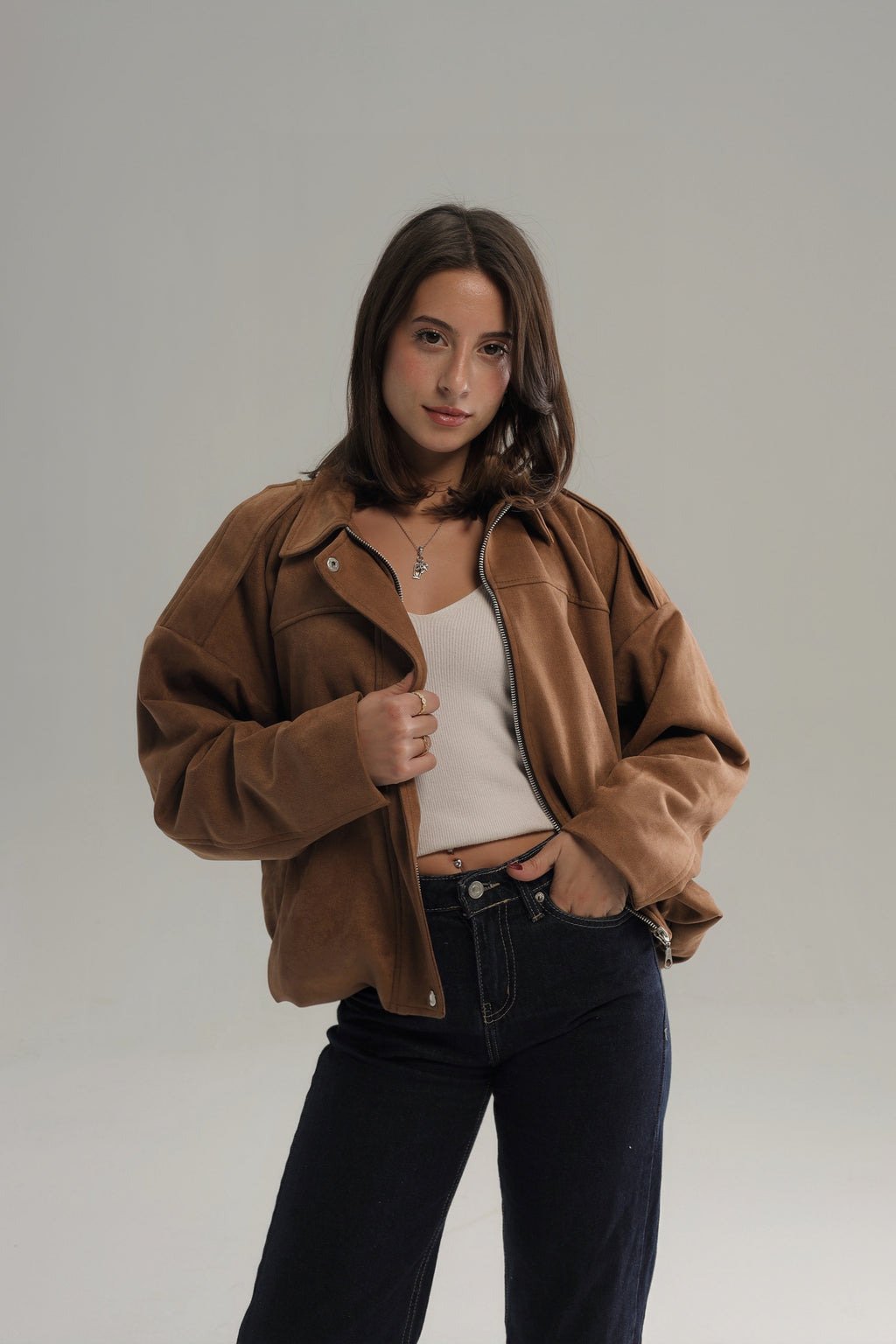 SUEDE ZIPPERED DROP SHOULDER BOMBER JACKET