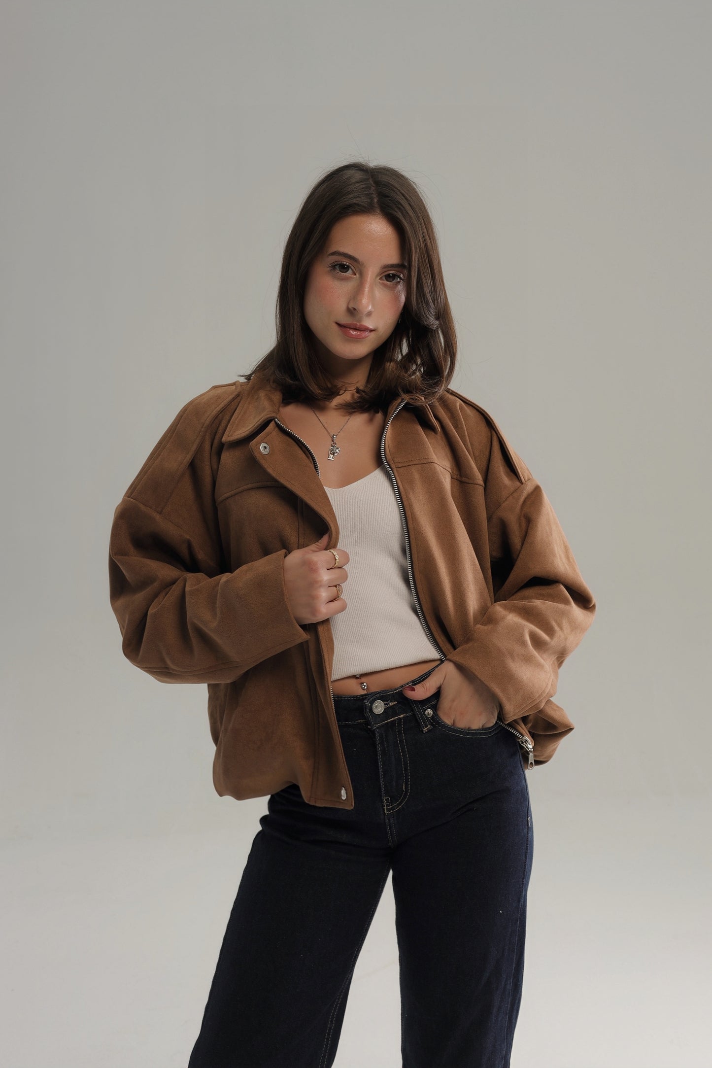 SUEDE ZIPPERED DROP SHOULDER BOMBER JACKET