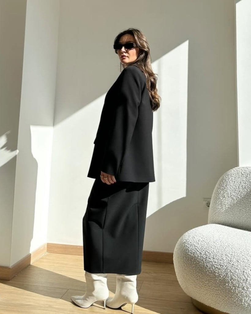 Asymmetric Wrap Midi Skirt - Black