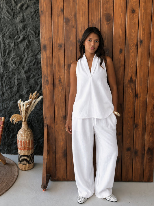 Luna Halter Linen Set – White