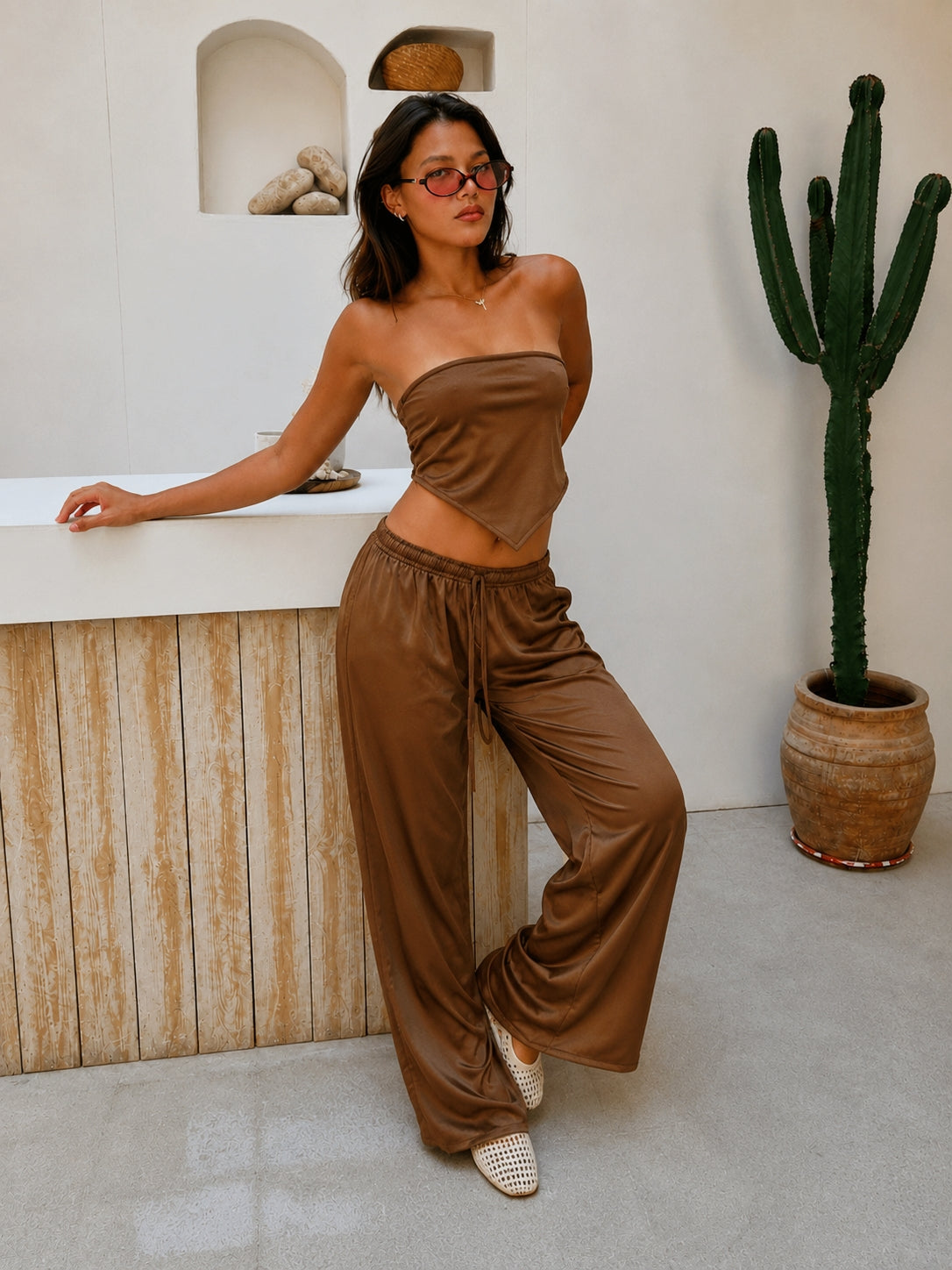 Brown Allure Satin Scarf Top & Wide-Leg Pants Set