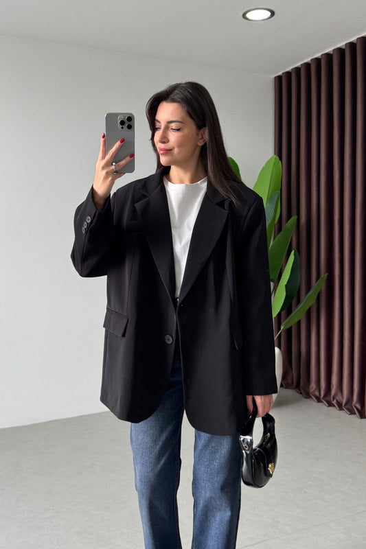 Black Oversized Textured Basic Blazer