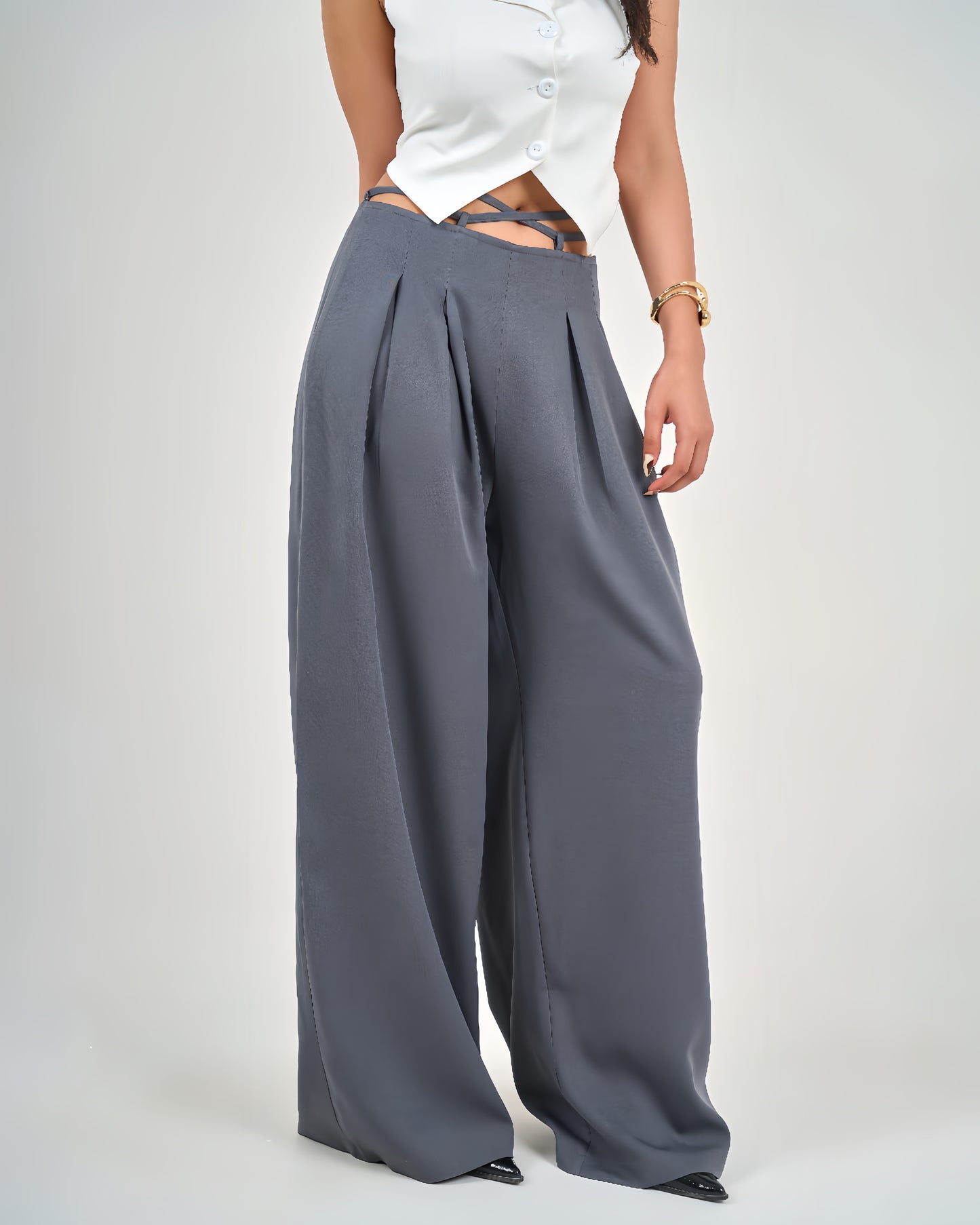 Grey Belt &amp; Pleats Pants