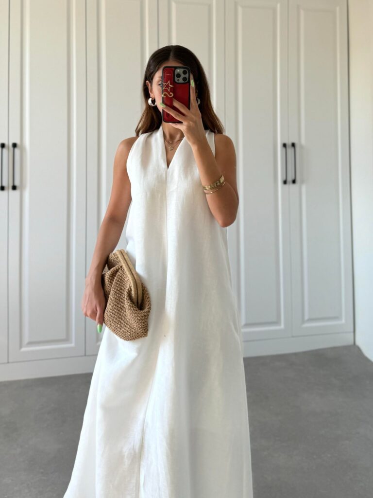 White Back Detailed V Neck Premium Linen Dress Sorelle Egypt White Back Detailed V Neck Premium Linen Dress Sorelle Egypt
