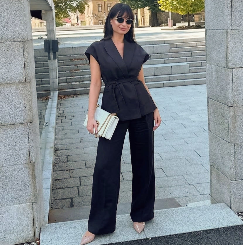 Linen Blend Pleated Set