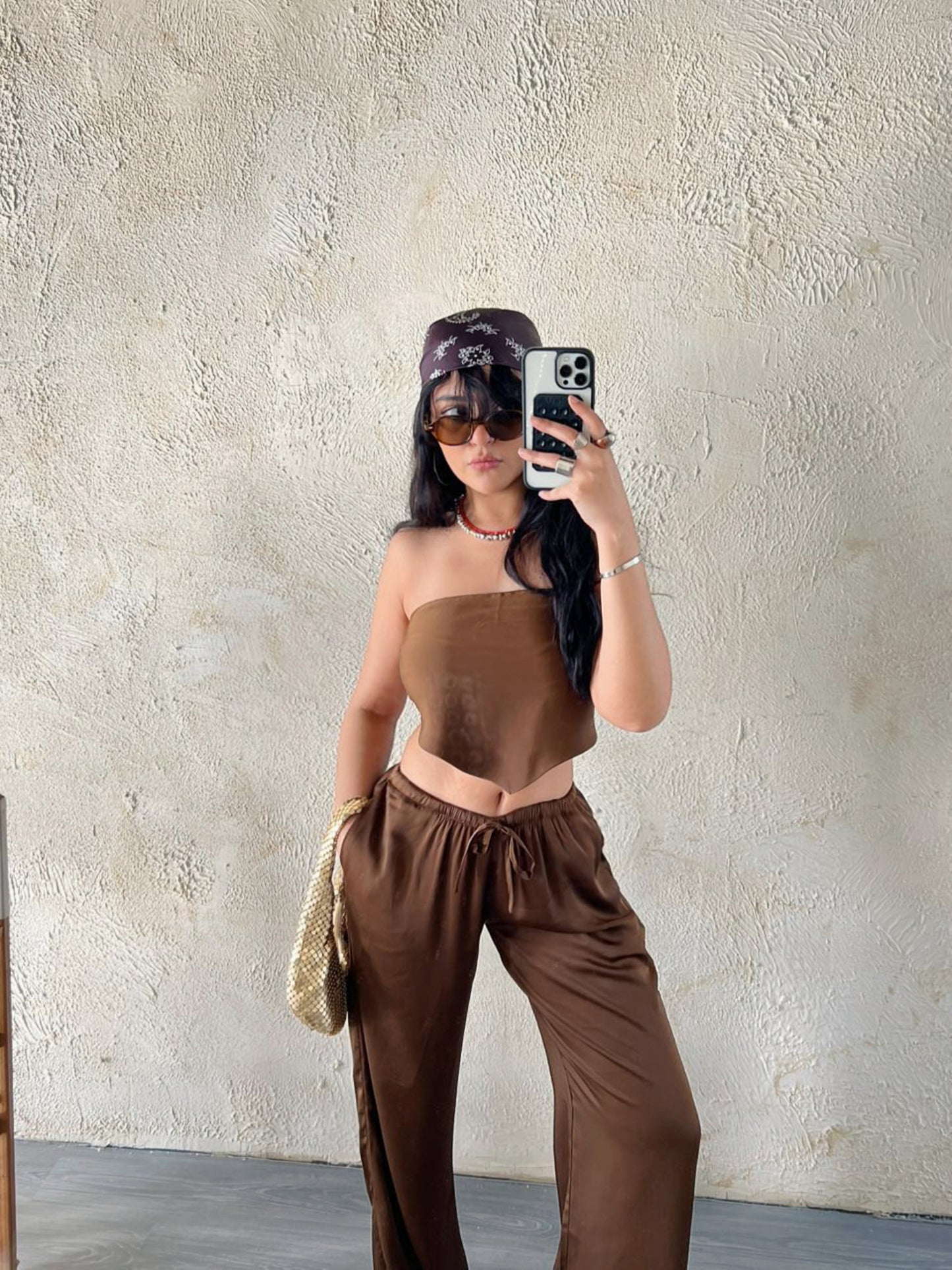 Brown Allure Satin Scarf Top & Wide-Leg Pants Set